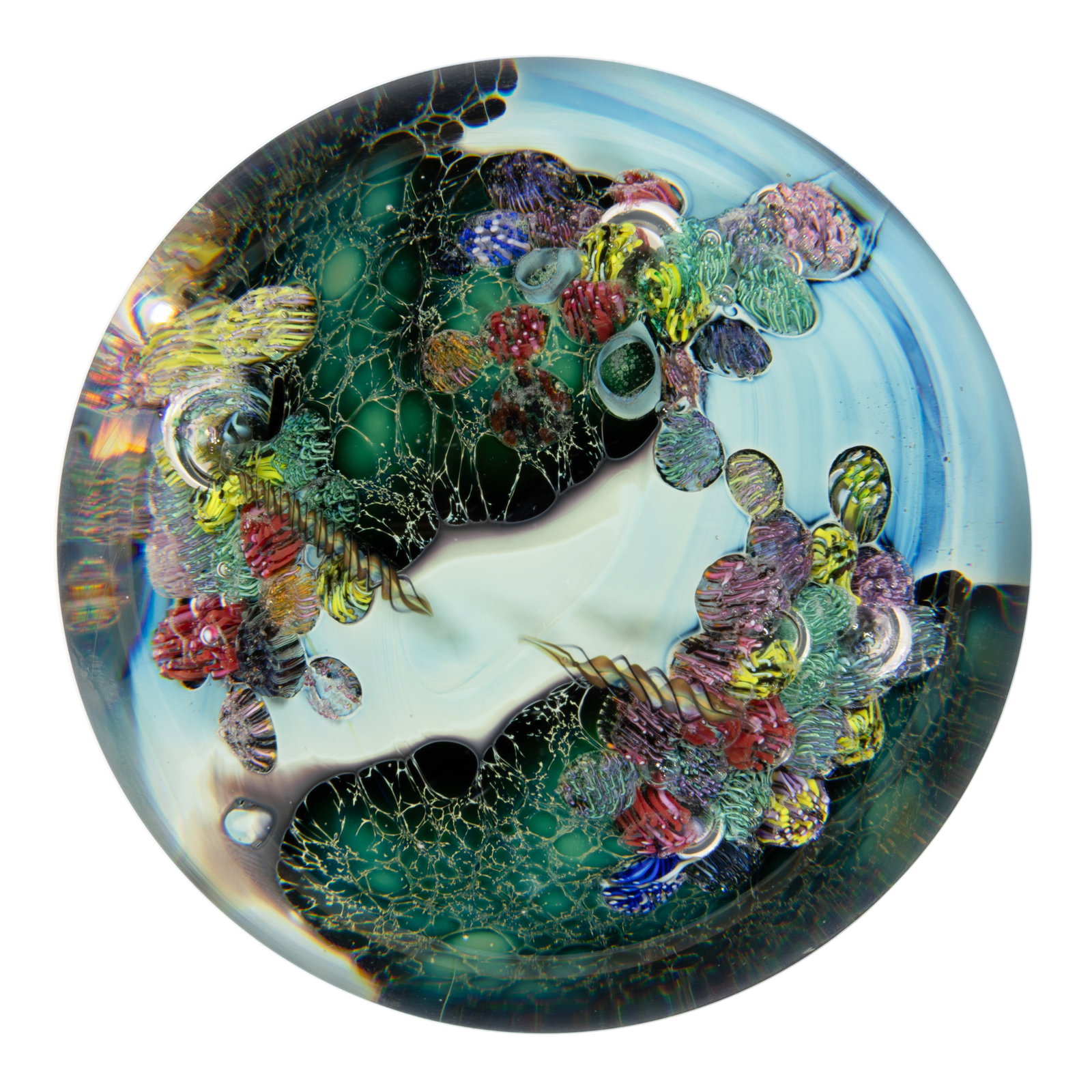JOSH SIMPSON (AMERICAN, B. 1949) MEGA PLANET MAGNUM STUDIO ART GLASS PAPERWEIGHT: JOSH SIMPSON (AMERICAN, B. 1949) MEGA PLANET MAGNUM STUDIO ART GLASS PAPERWEIGHT, large blue mottled cored with large green areas with webbing, many different colored barnacles/coral to the surface, t