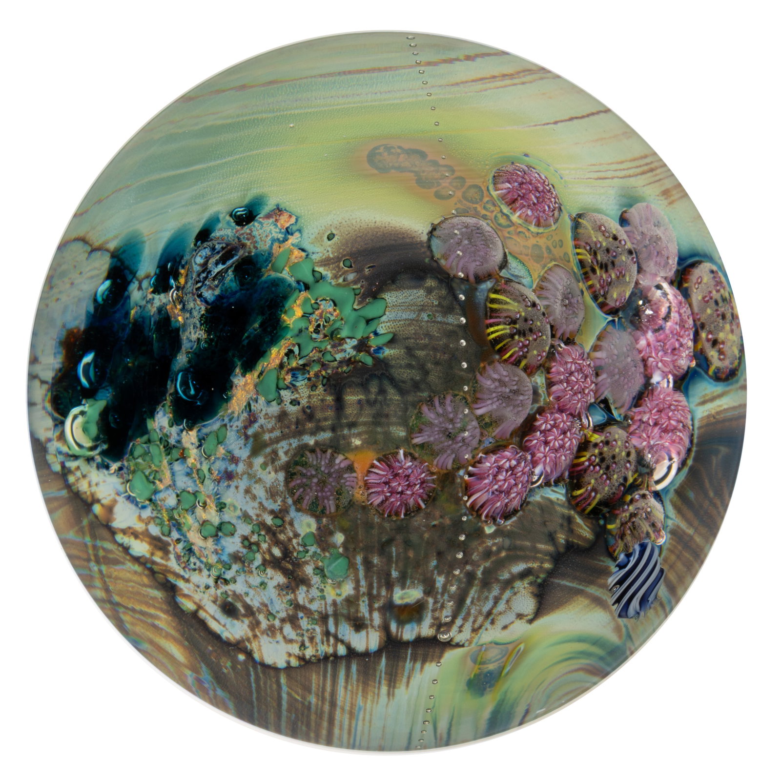 JOSH SIMPSON (AMERICAN, B. 1949) INHABITED PLANET STUDIO ART GLASS PAPERWEIGHT: JOSH SIMPSON (AMERICAN, B. 1949) INHABITED PLANET STUDIO ART GLASS PAPERWEIGHT, mottled blue, green, and brown core with applied pink barnacles/coral to the surface, a single blue and white