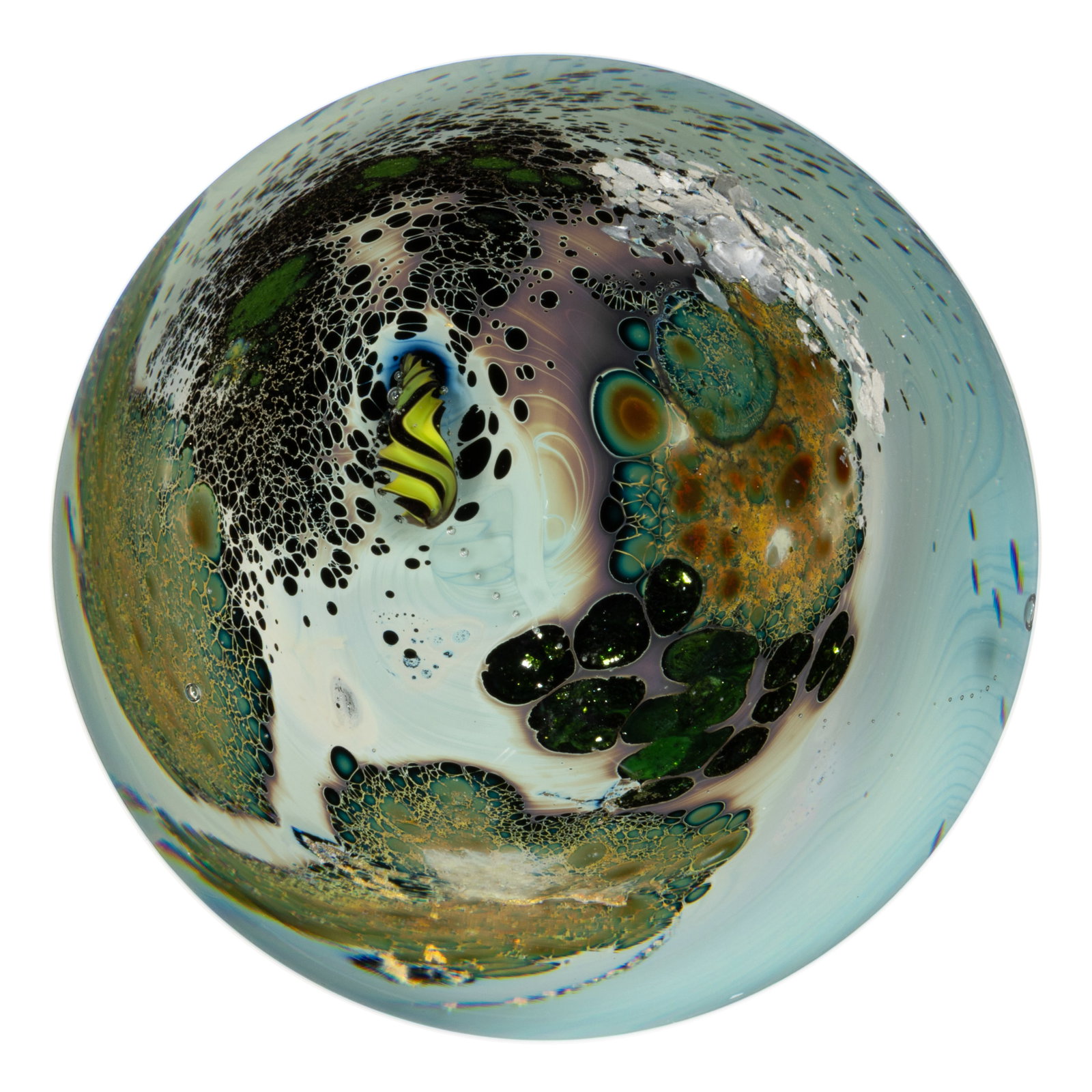 JOSH SIMPSON (AMERICAN, B. 1949) INHABITED PLANET STUDIO ART GLASS PAPERWEIGHT: JOSH SIMPSON (AMERICAN, B. 1949) INHABITED PLANET STUDIO ART GLASS PAPERWEIGHT, Earth-like planet, large azure blue sphere with large mottled green and brown areas with a couple looking like continent