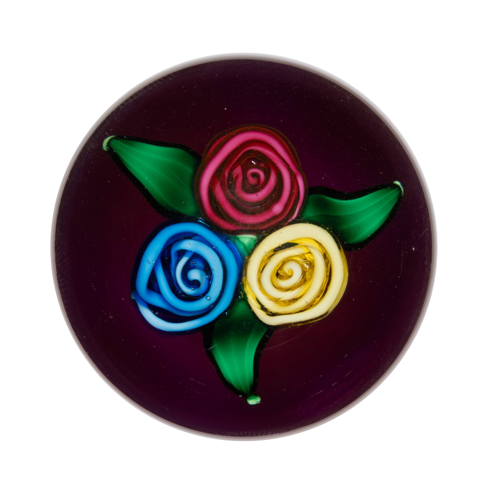CHARLES KAZIUN JR. (AMERICAN, 1919-1992) THREE ROSE LAMPWORK STUDIO ART GLASS MINIATURE PAPERWEIGHT (1 of 2)