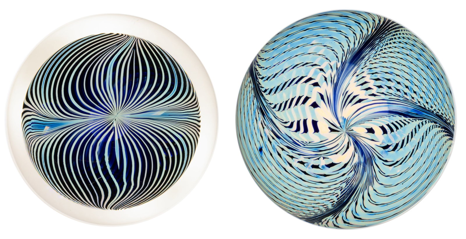 DAVID LOTTON (AMERICAN, B. 1960) WAVE DECORATED STUDIO ART GLASS PAPERWEIGHTS, LOT OF TWO (1 of 4)
