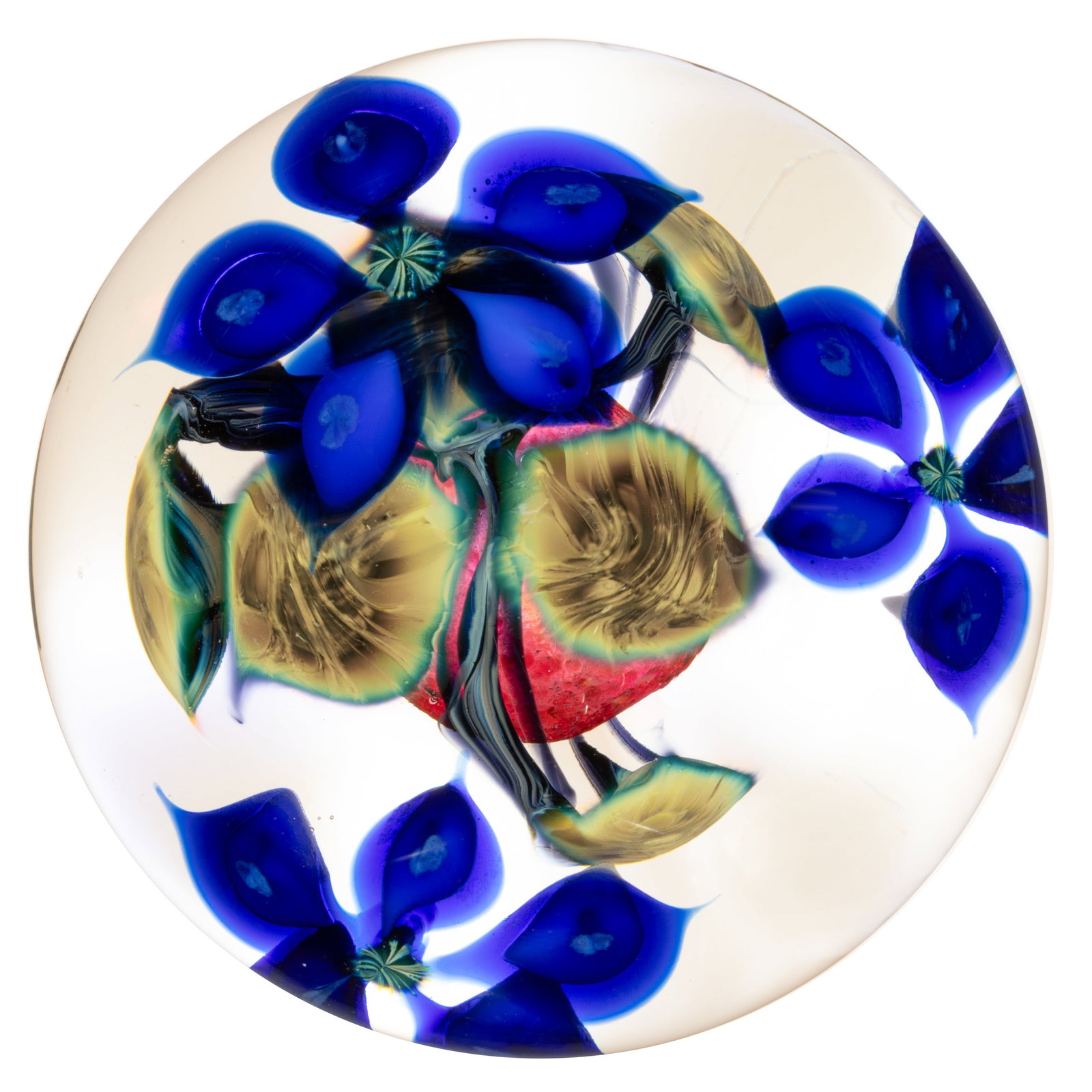 DAVID LOTTON (AMERICAN, B. 1960) CLEMATIS STUDIO ART GLASS PAPERWEIGHT: DAVID LOTTON (AMERICAN, B. 1960) CLEMATIS STUDIO ART GLASS PAPERWEIGHT, three blue and white five-petal clematis flowers above variegated green leaves and blue/black branches, mottled c