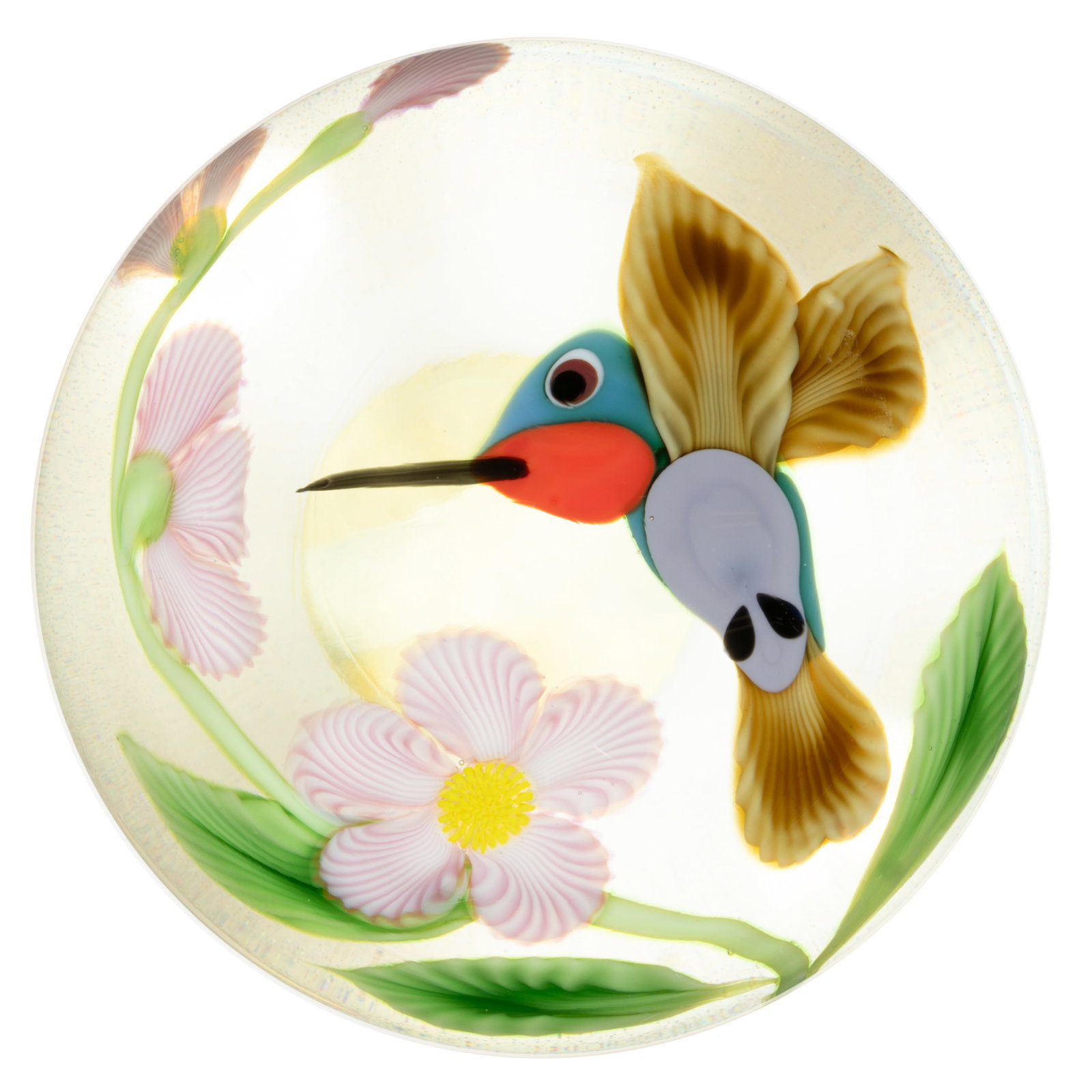 ED SEAIRA (AMERICAN, ?-2010) HUMMINGBIRD AND FLOWERS LAMPWORK STUDIO ART GLASS PAPERWEIGHT (1 of 3)
