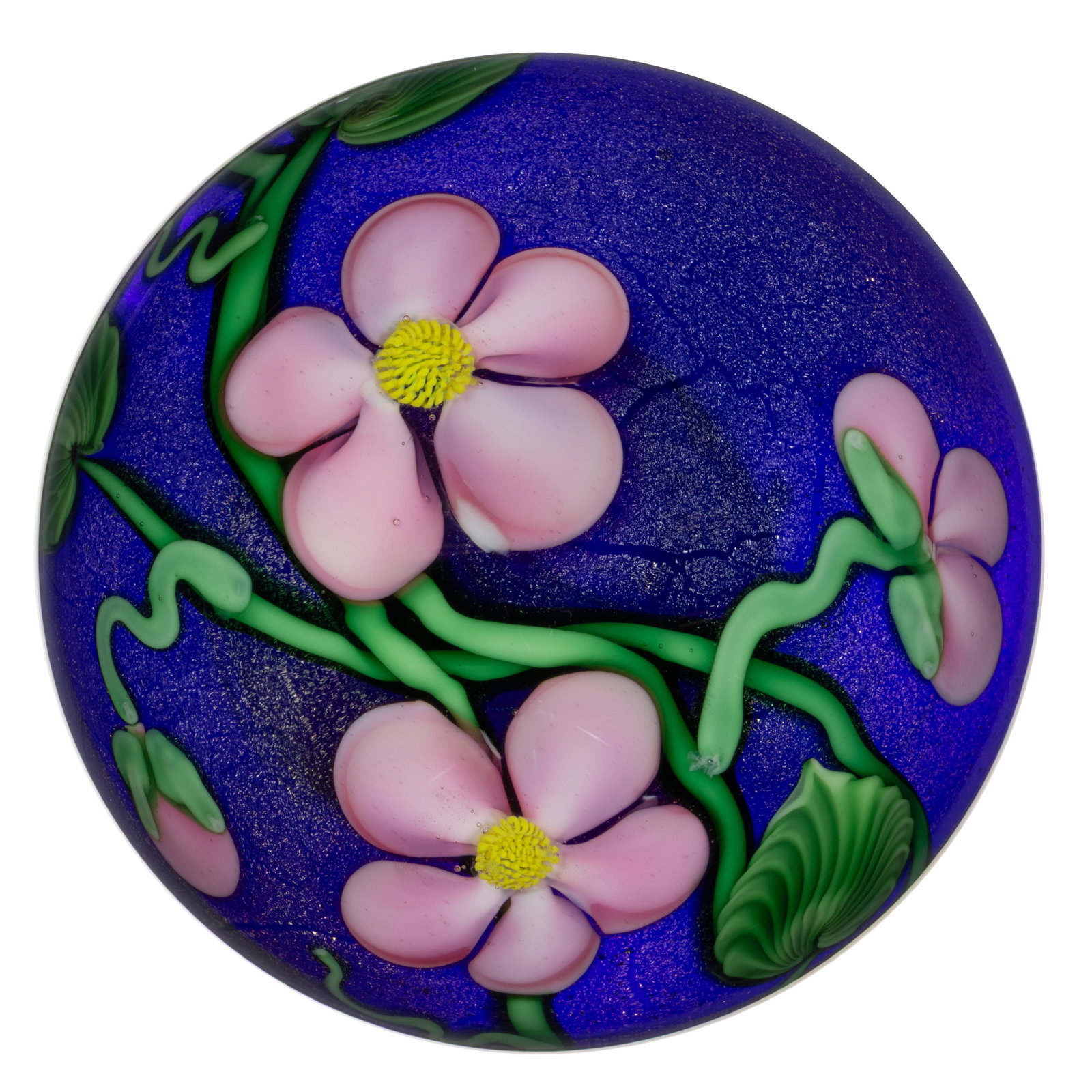 ED SEAIRA (AMERICAN, ?-2010) APPLE BLOSSOMS LAMPWORK STUDIO ART GLASS PAPERWEIGHT (1 of 3)