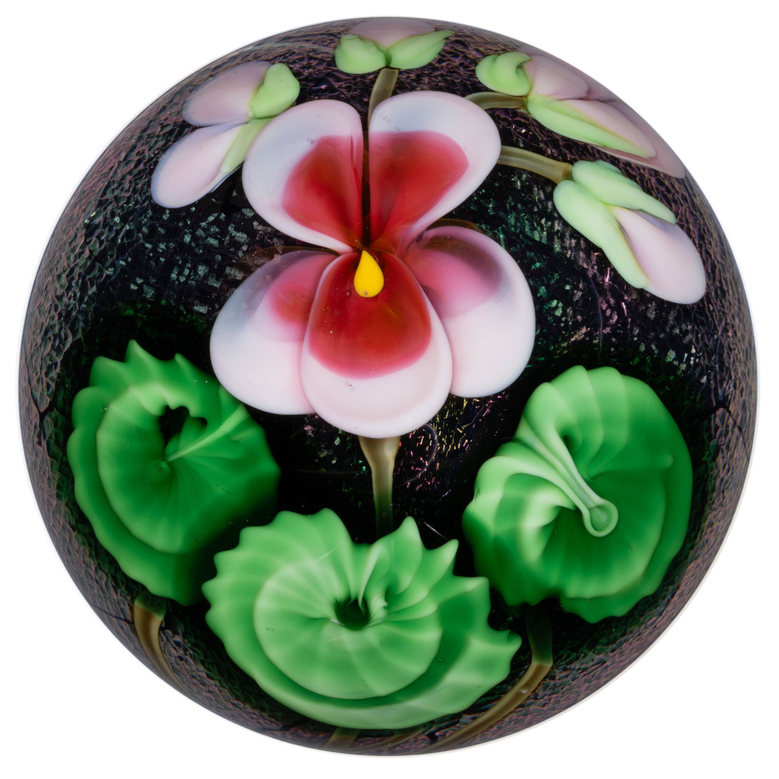 ED SEAIRA (AMERICAN, ?-2010) LILY FLOWER LAMPWORK STUDIO ART GLASS PAPERWEIGHT: ED SEAIRA (AMERICAN, ?-2010) LILY FLOWER LAMPWORK STUDIO ART GLASS PAPERWEIGHT, central shaded rose lily with six matching buds above, three lower wavy green leaves below, all connected by thin brown