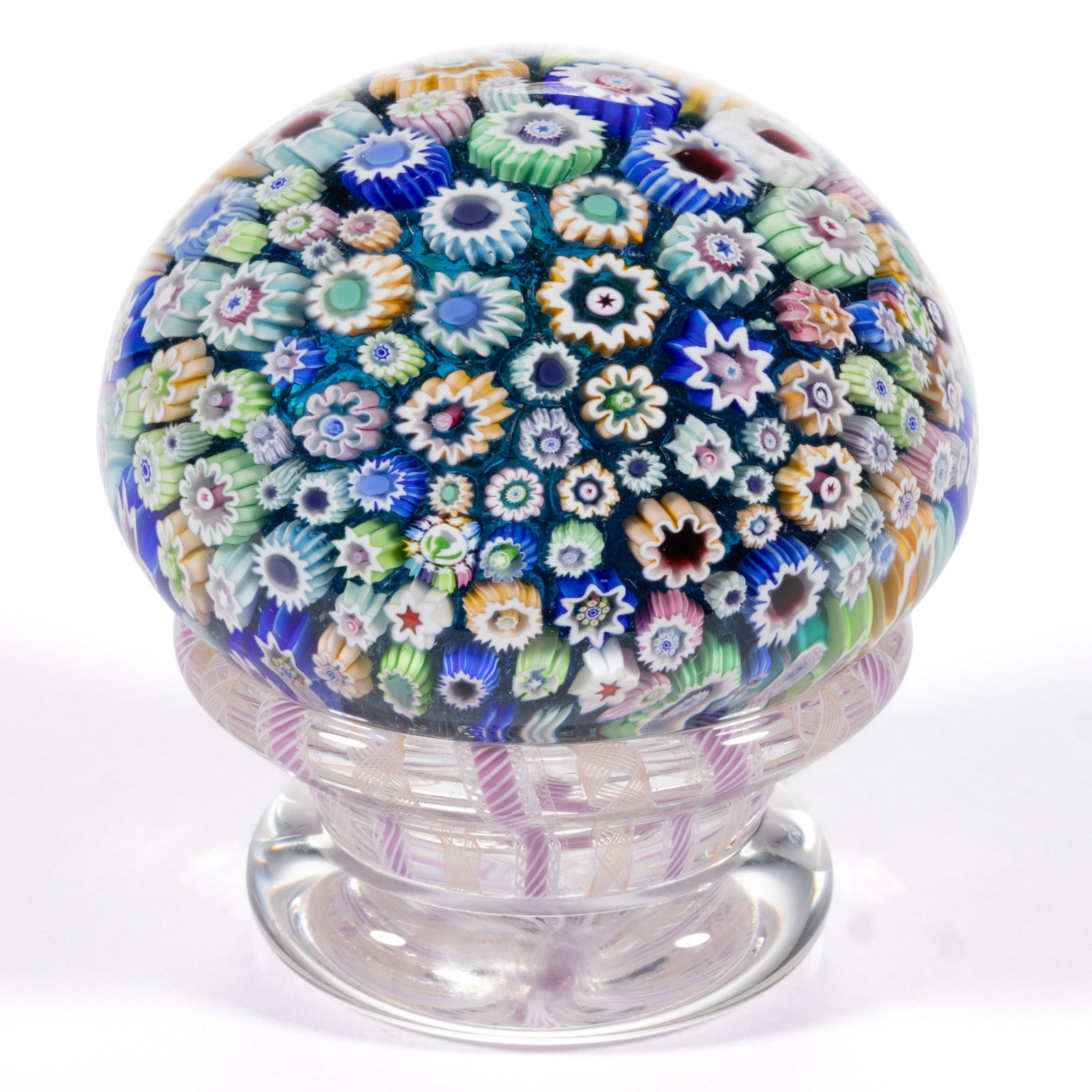 JOHN DEACONS (SCOTTISH, B. 1950) CLOSE PACK MILLEFIORI STUDIO ART GLASS PIEDOUCHE PAPERWEIGHT (1 of 2)