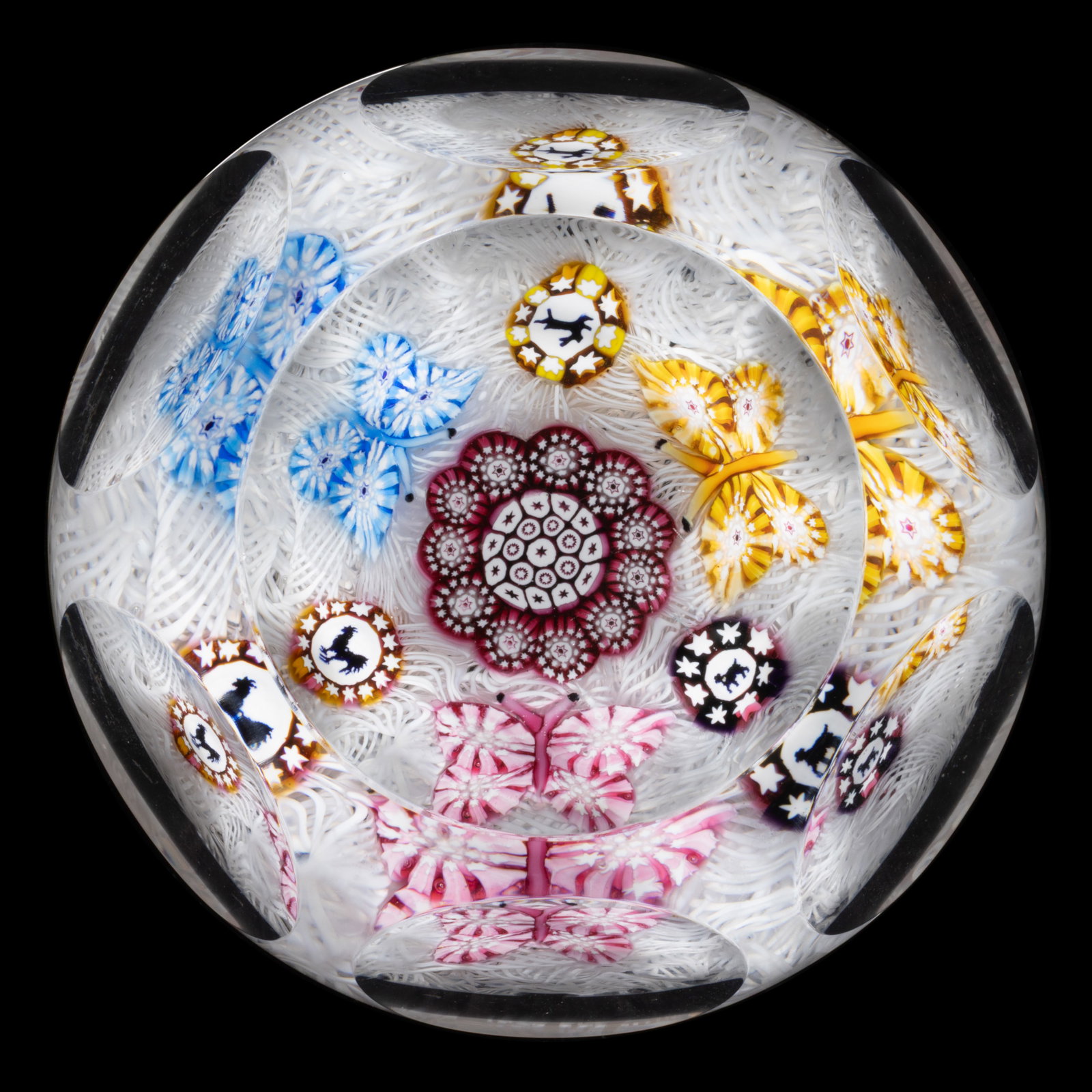 JOHN DEACONS (SCOTTISH, B. 1950) BUTTERFLY AND SILHOUETTE MILLEFIORI ART GLASS PAPERWEIGHT (1 of 2)