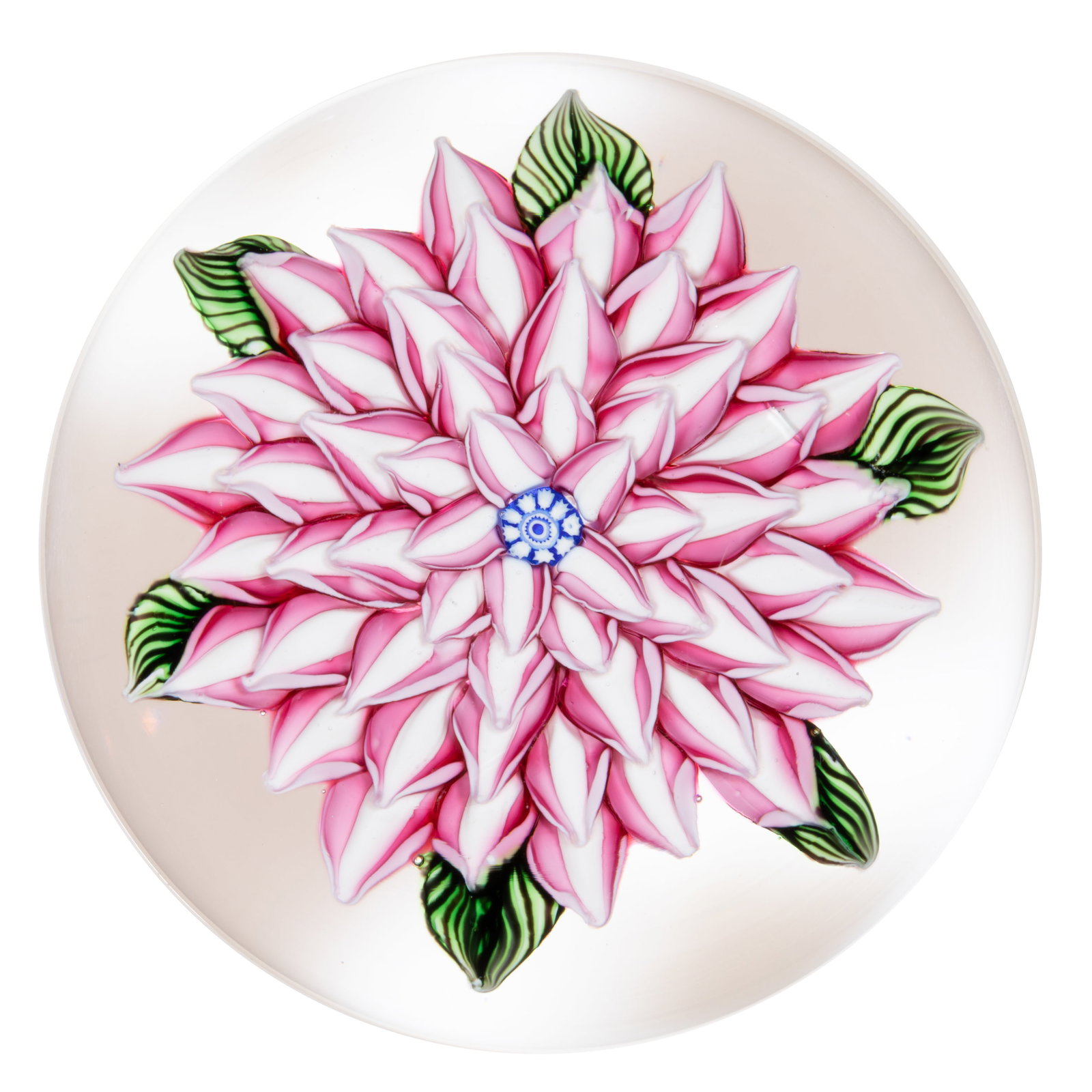 JOHN DEACONS (SCOTTISH, B. 1950) DAHLIA LAMPWORK STUDIO ART GLASS PAPERWEIGHT: JOHN DEACONS (SCOTTISH, B. 1950) DAHLIA LAMPWORK STUDIO ART GLASS PAPERWEIGHT, a large multi-petal dahlia with pink petals with opal bisections, six veined green leaves protruding from the u