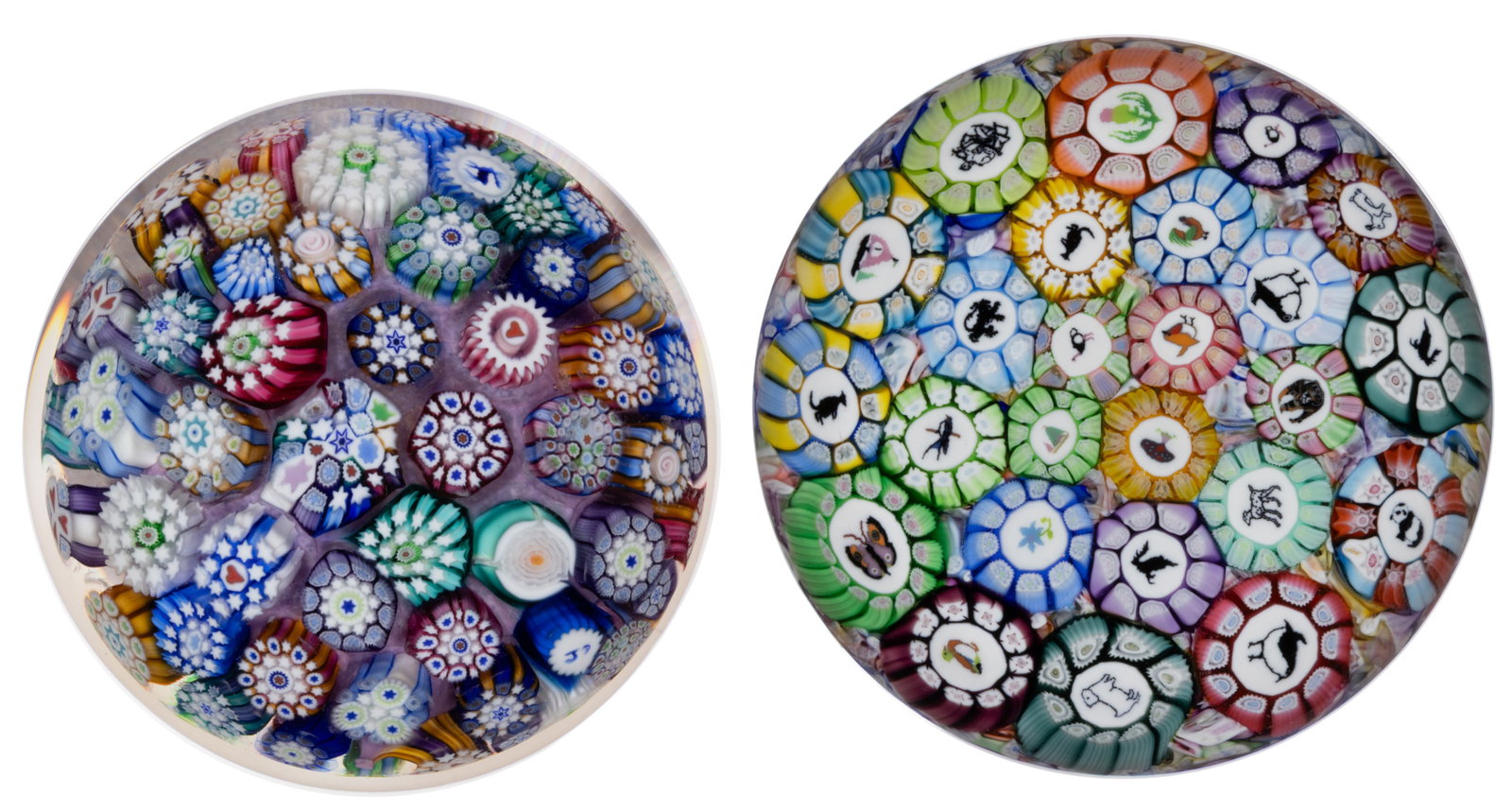 JOHN DEACONS (SCOTTISH, B. 1950) CLOSE-PACK MILLEFIORI ART GLASS MINIATURE PAPERWEIGHTS, LOT OF TWO (1 of 3)