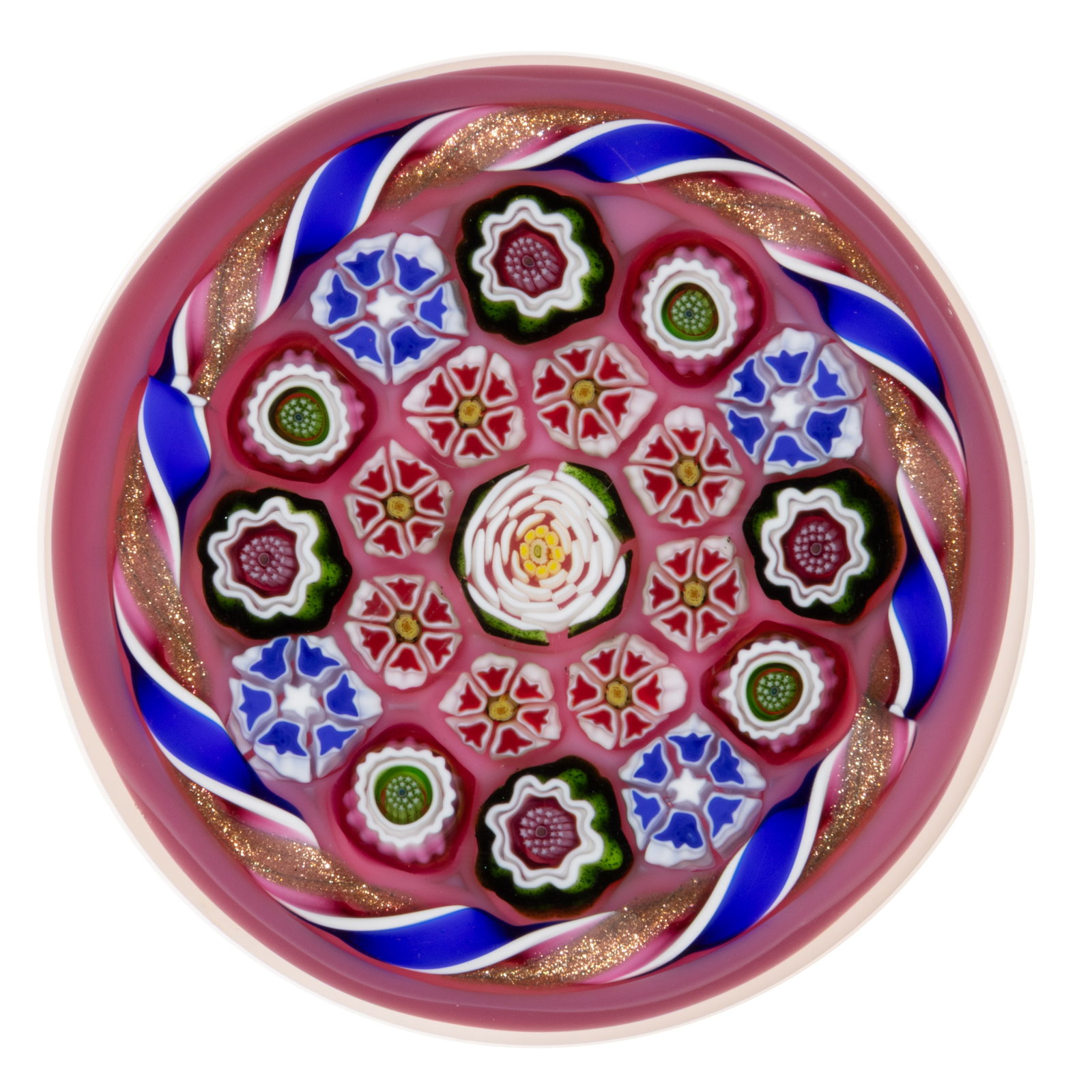 JULIE SCRUTTON LEWIS ARTIST PROOF (AMERICAN, XX/XXI) CONCENTRIC MILLEFIORI AND TORSADE STUDIO ART: JULIE SCRUTTON LEWIS ARTIST PROOF (AMERICAN, XX/XXI) CONCENTRIC MILLEFIORI AND TORSADE STUDIO ART GLASS PAPERWEIGHT, central white and green Clichy-style rose, encircled by two exterior garlands with