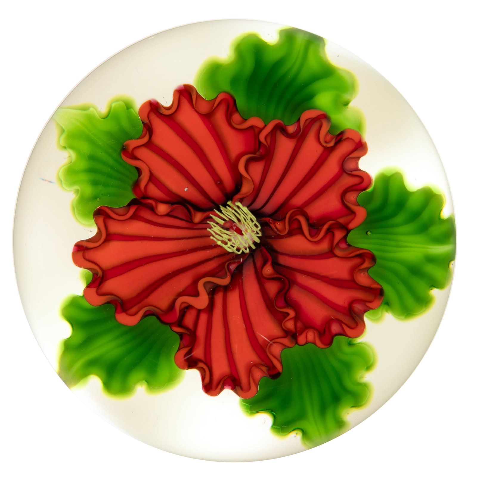 STEVEN LUNDBERG (AMERICAN, 1953-2008) RED POINSETTIA LAMPWORK STUDIO ART GLASS PAPERWEIGHT (1 of 2)