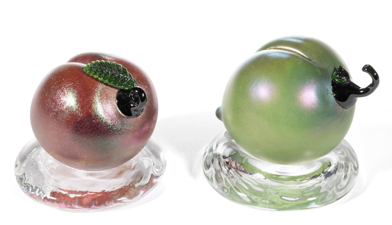 LUNDBERG STUDIOS IRIDESCENT FIGURAL ART GLASS PEAR PAPERWEIGHTS, LOT OF TWO (1 of 3)