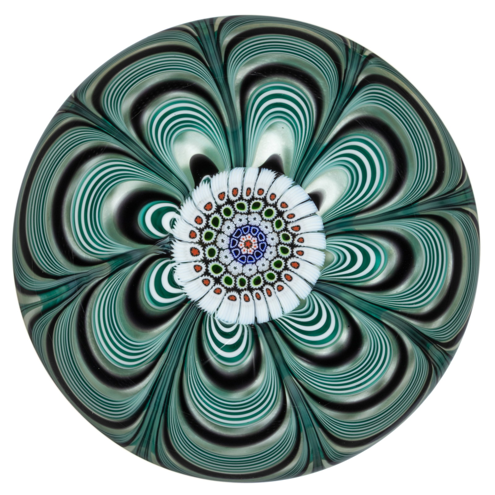 SCOTT BEYERS (AMERICAN, XX/XXI) MARBRIE LOOP CROWN STUDIO ART GLASS PAPERWEIGHT: SCOTT BEYERS (AMERICAN, XX/XXI) MARBRIE LOOP CROWN STUDIO ART GLASS PAPERWEIGHT, large central millefiori medallion consisting of a central star cane encircled by five concentric garlands, e