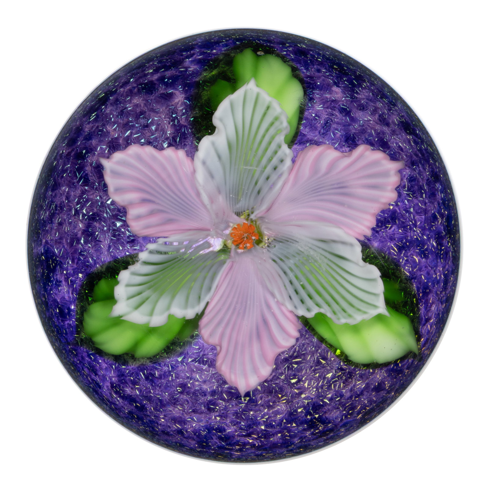 MAYAUEL WARD (AMERICAN, B. 1956) SINGLE FLOWER LAMPWORK STUDIO ART GLASS PAPERWEIGHT: MAYAUEL WARD (AMERICAN, B. 1956) SINGLE FLOWER LAMPWORK STUDIO ART GLASS PAPERWEIGHT, single large blossom with pink and white striped petals, three green leaves protruding from the underside, all abo