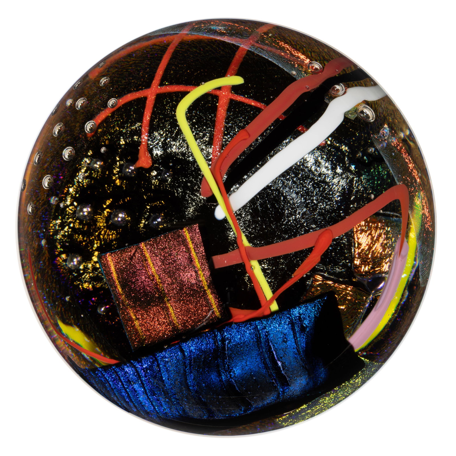 DONALD CARLSON (AMERICAN, B. 1944) ABSTRACT IRIDESCENT STUDIO ART GLASS PAPERWEIGHT (1 of 2)