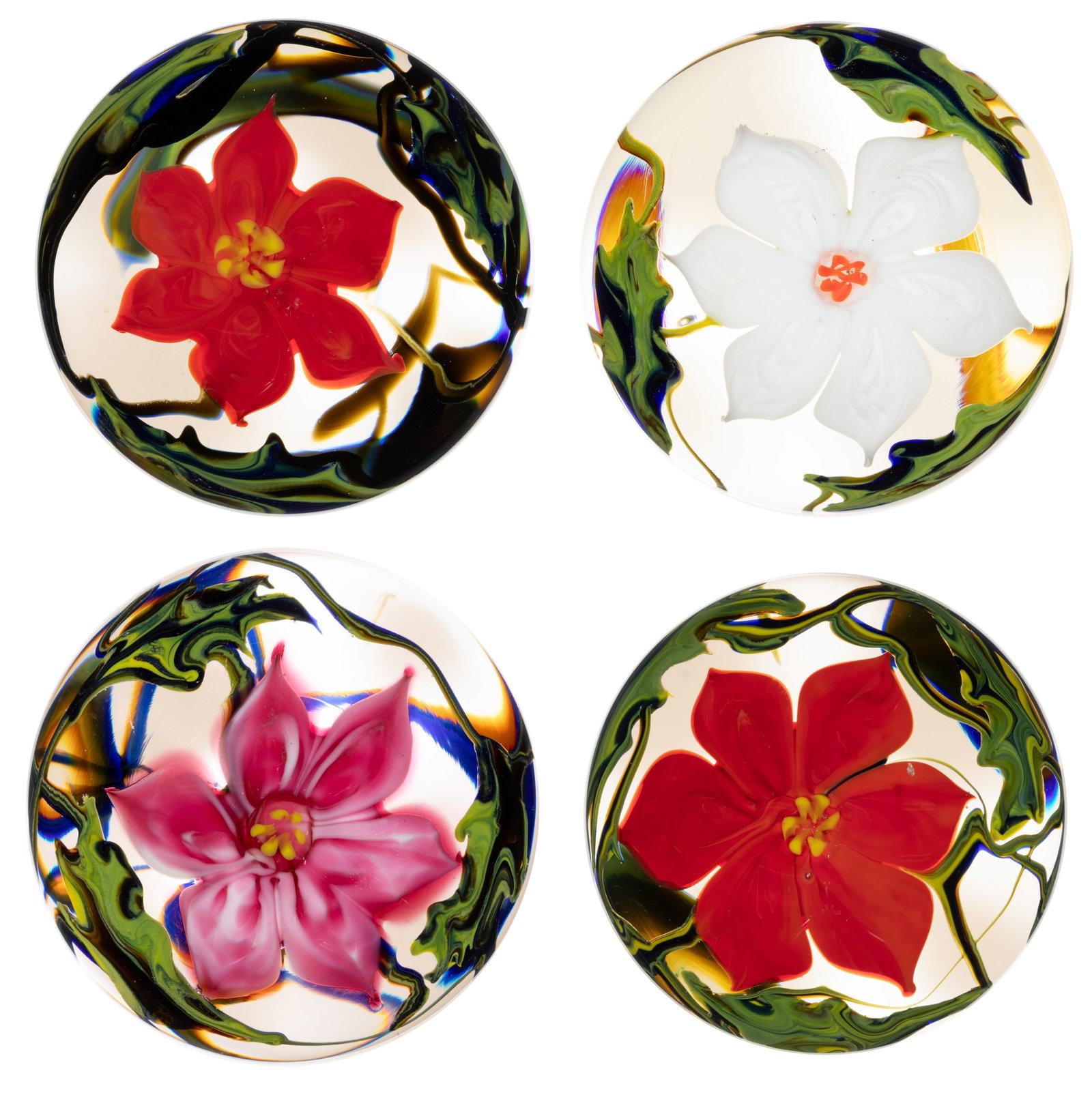 RICHARD OLMA (AMERICAN, 1950-2022) SINGLE FLOWER LAMPWORK STUDIO ART GLASS PAPERWEIGHTS, LOT OF FOUR (1 of 5)