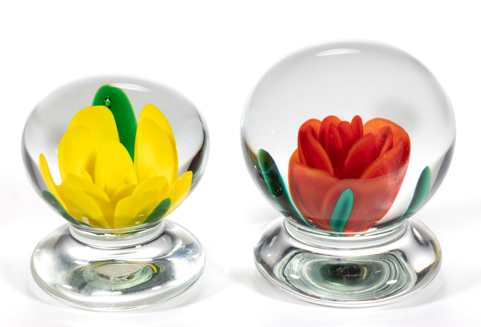 HAROLD HACKER (AMERICAN, 1907-1989) CRIMP ROSE STUDIO ART GLASS FOOTED PAPERWEIGHTS, LOT OF TWO (1 of 1)