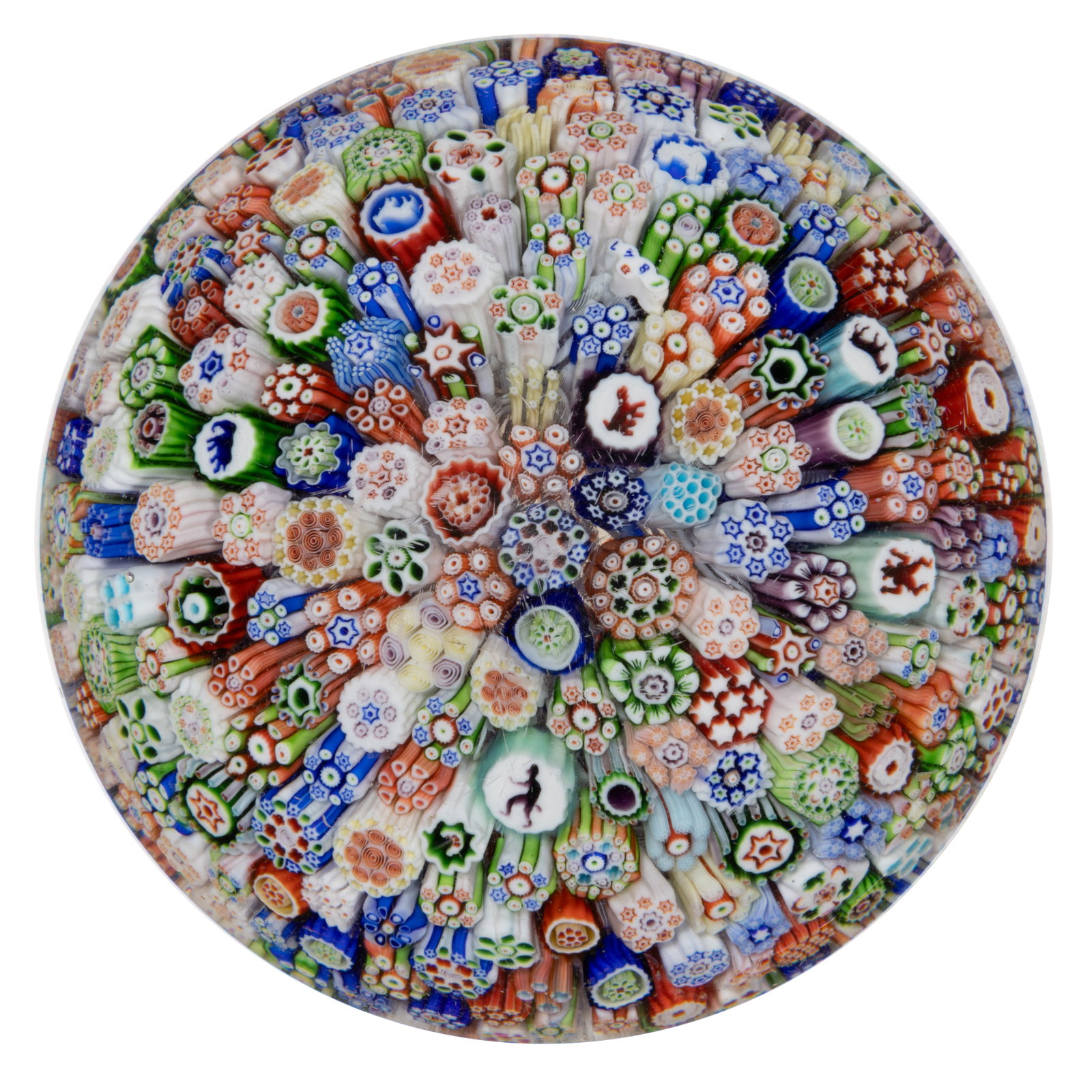 ANTIQUE BACCARAT "B/1847" CLOSE-PACK SILHOUETTE MILLEFIORI ART GLASS PAPERWEIGHT: ANTIQUE BACCARAT "B/1847" CLOSE-PACK SILHOUETTE MILLEFIORI ART GLASS PAPERWEIGHT, close-pack composition with a dated signature cane stating "B/1847", having seven s