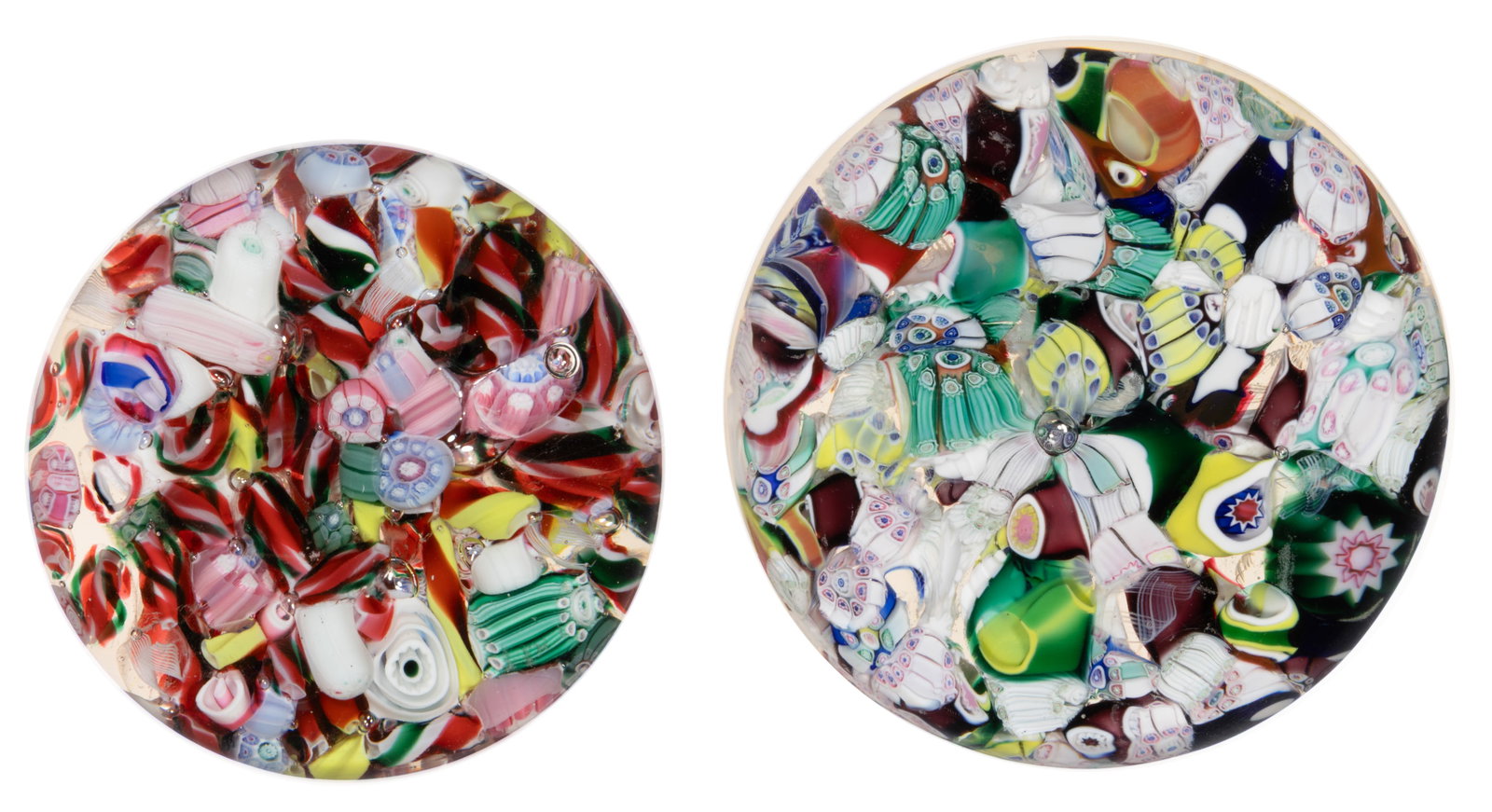 ANTIQUE NEW ENGLAND SCRAMBLED MILLEFIORI ART GLASS PAPERWEIGHTS, LOT OF TWO (1 of 4)