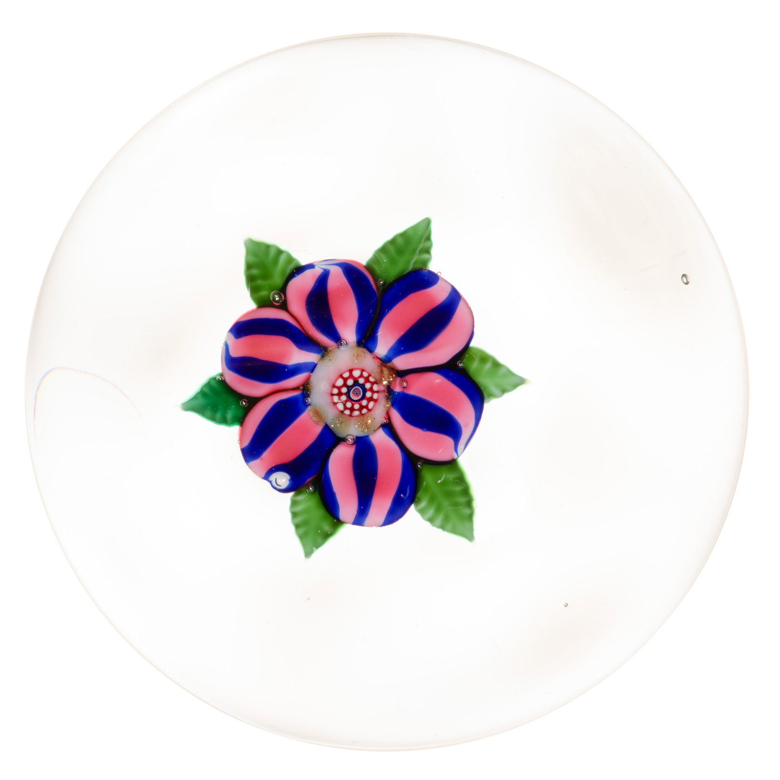 ANTIQUE SANDWICH STRIPED FLOWER LAMPWORK ART GLASS PAPERWEIGHT: ANTIQUE SANDWICH STRIPED FLOWER LAMPWORK ART GLASS PAPERWEIGHT, six petal with rose and cobalt blue stripes, central white and rose complex cane with aventurine/Goldstone decoration to the edges, six