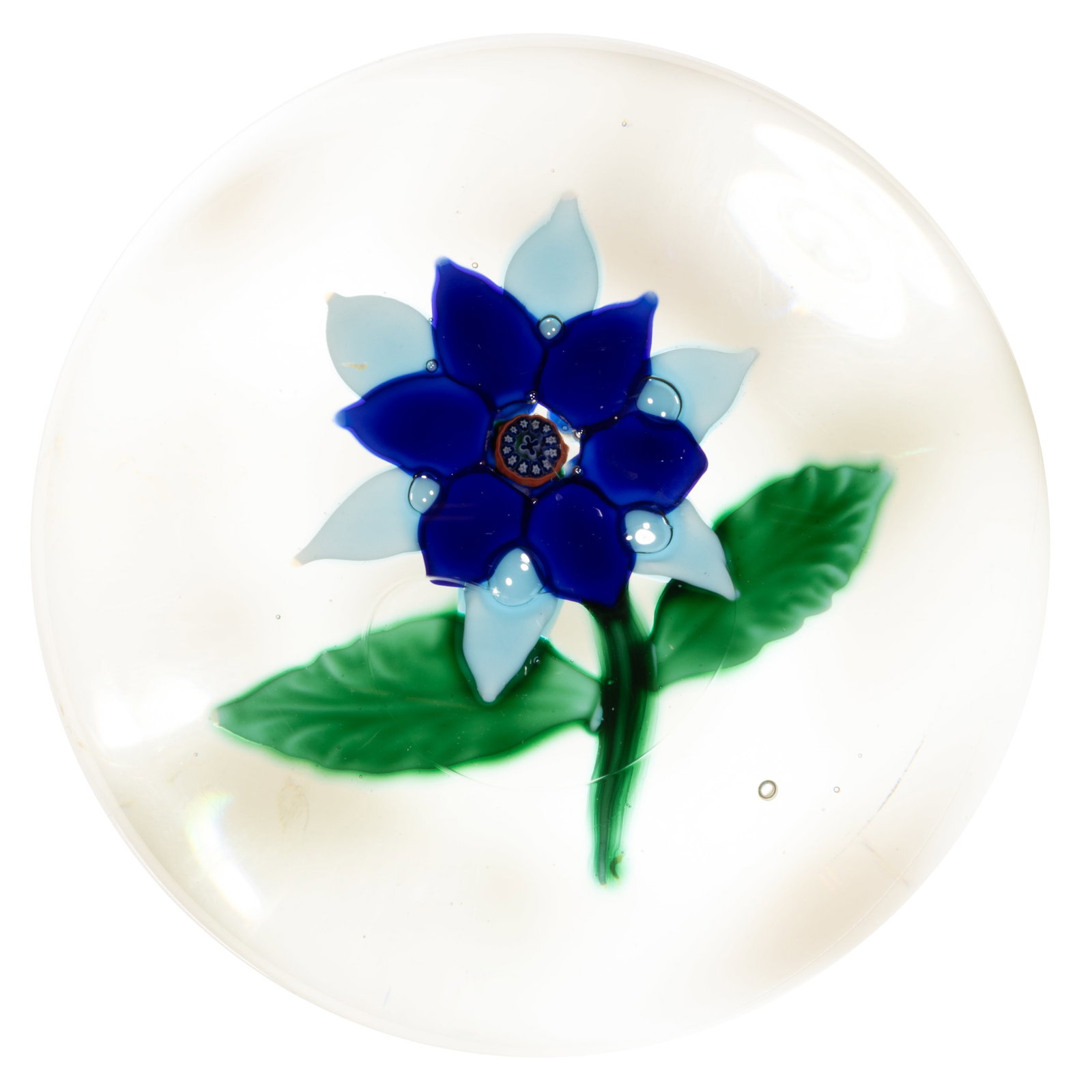 ANTIQUE SANDWICH BI-COLOR POINSETTIA LAMPWORK ART GLASS PAPERWEIGHT: ANTIQUE SANDWICH BI-COLOR POINSETTIA LAMPWORK ART GLASS PAPERWEIGHT, 12-petal poinsettia with cobalt blue forward petals and azure blue background petals, raised on a thin green stem which supports tw