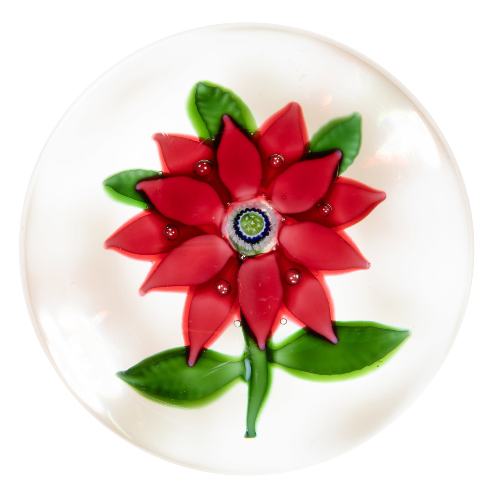 ANTIQUE SANDWICH POINSETTIA LAMPWORK ART GLASS PAPERWEIGHT: ANTIQUE SANDWICH POINSETTIA LAMPWORK ART GLASS PAPERWEIGHT, central blue and white complex cane, red 12-petal poinsettia flower with controlled bubble decoration, three green leaves protruding fr