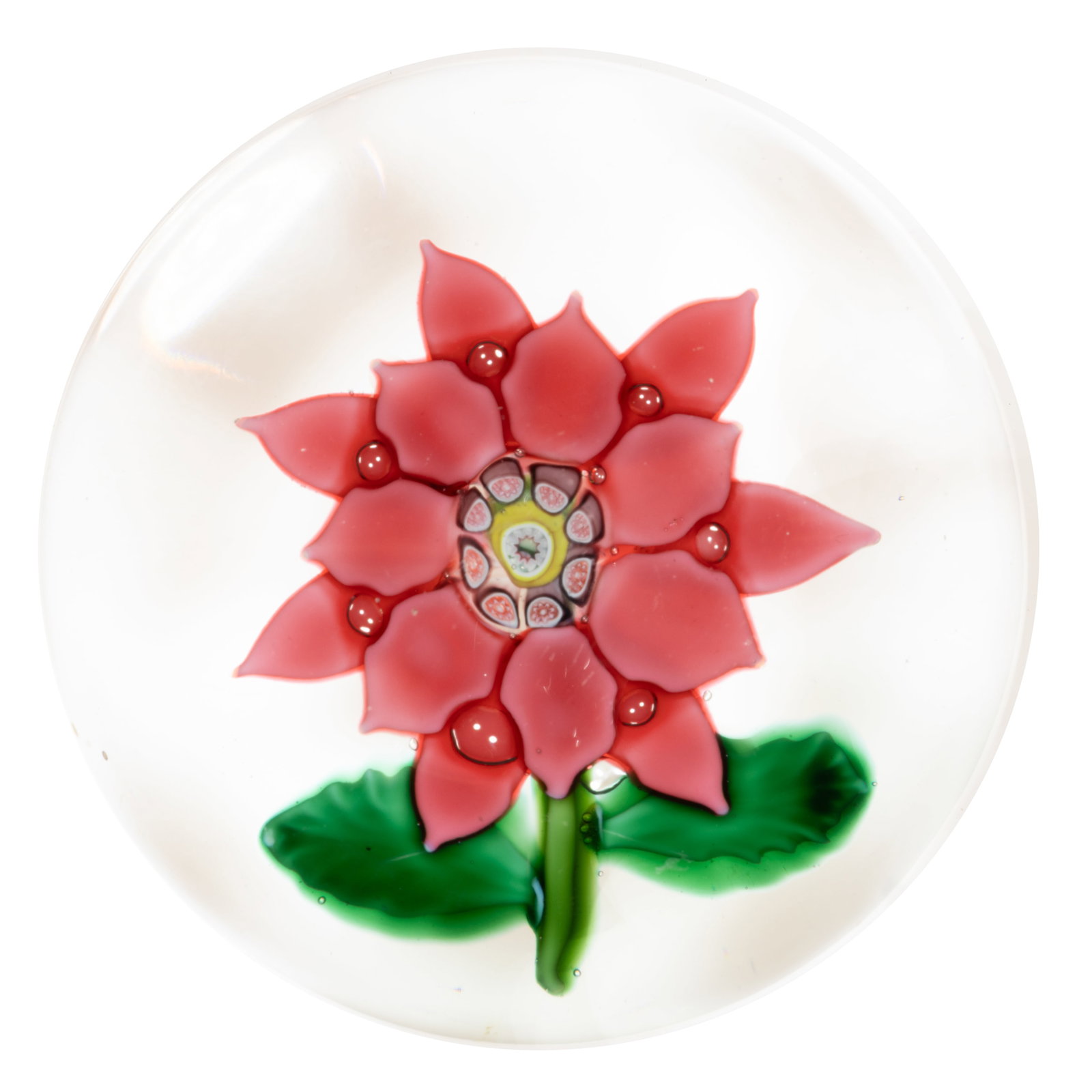 ANTIQUE SANDWICH POINSETTIA LAMPWORK ART GLASS PAPERWEIGHT: ANTIQUE SANDWICH POINSETTIA LAMPWORK ART GLASS PAPERWEIGHT, central yellow and purple complex cane, red 14-petal poinsettia with controlled bubble decoration, short green stem supporting two leav