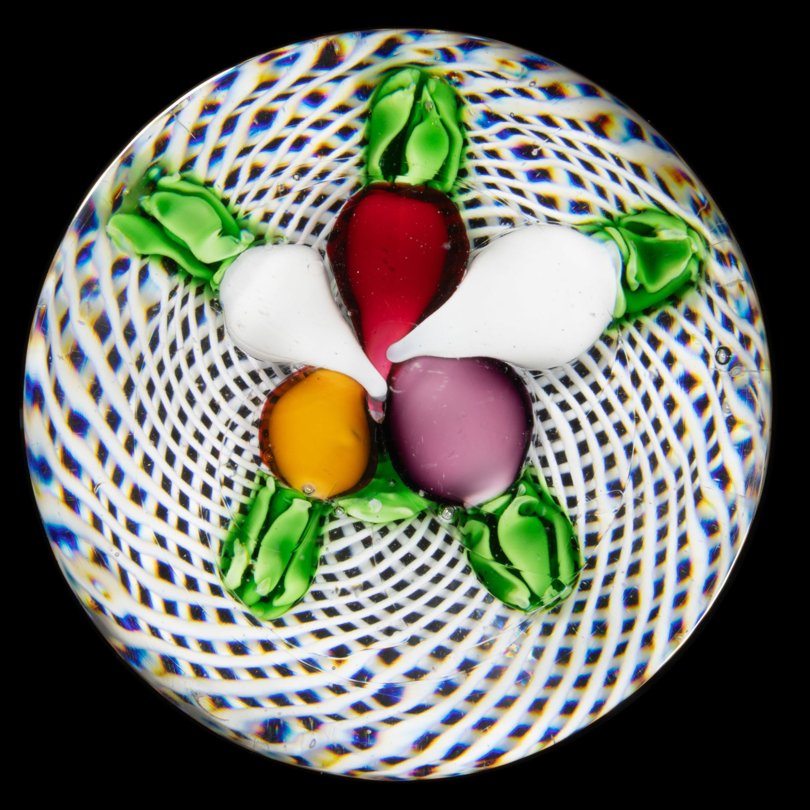 ANTIQUE SAINT-LOUIS VEGETABLE BOUQUET LAMPWORK ART GLASS PAPERWEIGHT: ANTIQUE SAINT-LOUIS VEGETABLE BOUQUET LAMPWORK ART GLASS PAPERWEIGHT, bouquet consisting of two white turnips, a purple plum, a red radish, and an amber beet, each having green foliage at the top, all