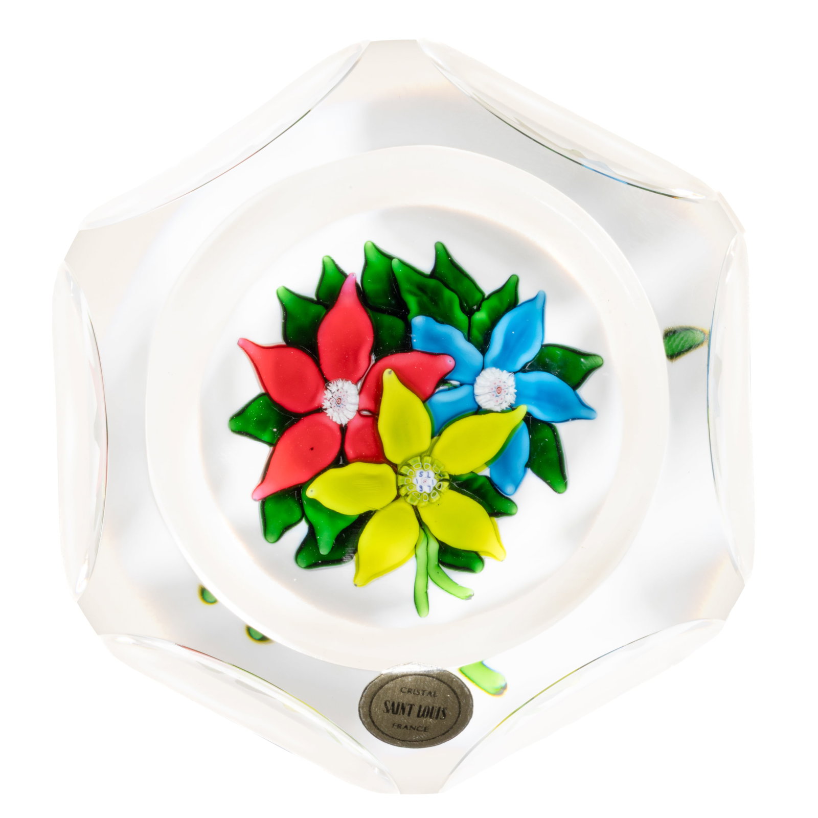 VINTAGE SAINT-LOUIS FLORAL BOUQUET LAMPWORK ART GLASS PAPERWEIGHT: VINTAGE SAINT-LOUIS FLORAL BOUQUET LAMPWORK ART GLASS PAPERWEIGHT, three flower bouquet featuring a blue, red, and lime green flower matching in form, all resting on a bed of deep green leaves, all ab
