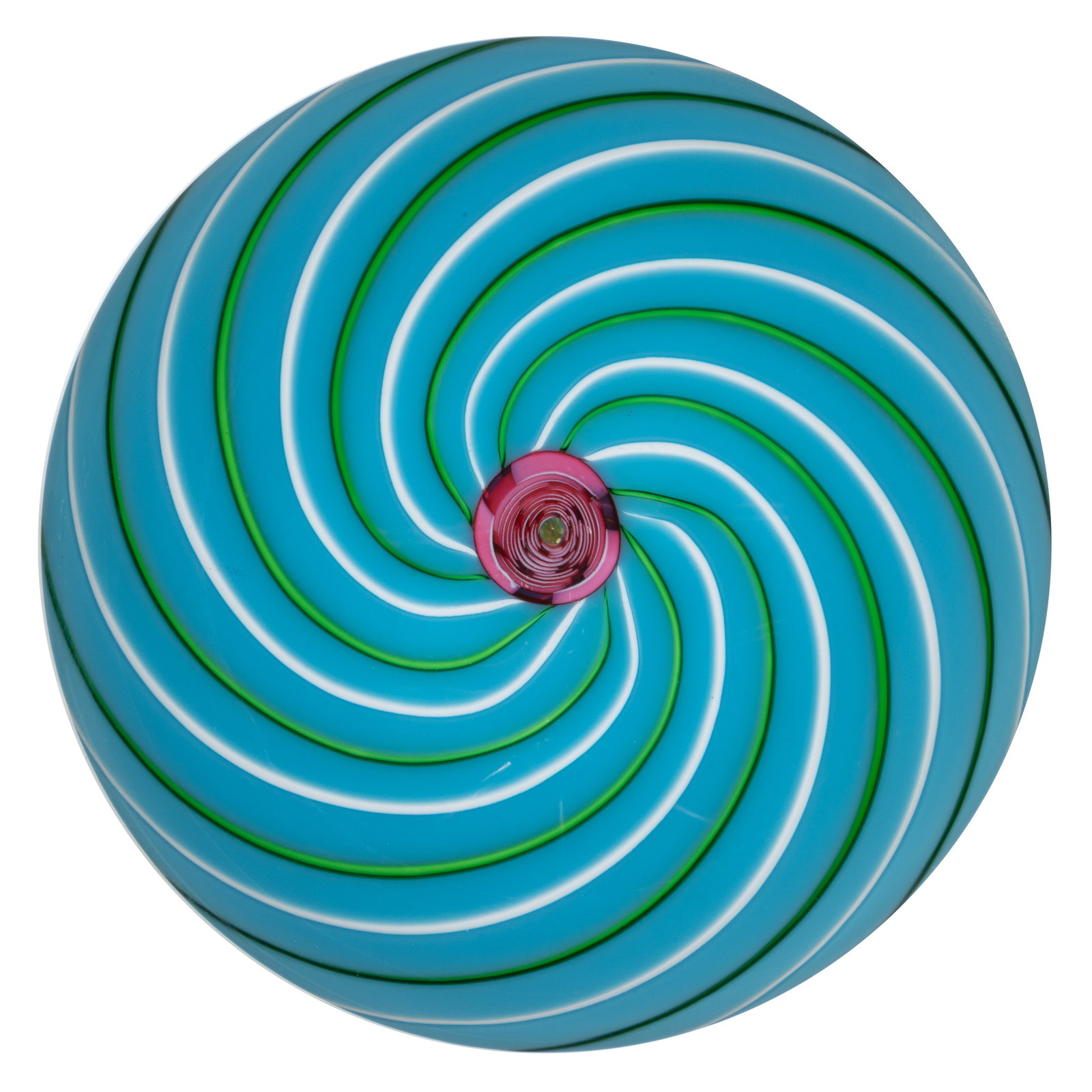 VINTAGE SAINT-LOUIS ROSE CROWN ART GLASS PAPERWEIGHT: VINTAGE SAINT-LOUIS ROSE CROWN ART GLASS PAPERWEIGHT, central red clichy-style rose cane with alternating white and green swirls coming together at the rose cane, all above an opaque blue ground, etch