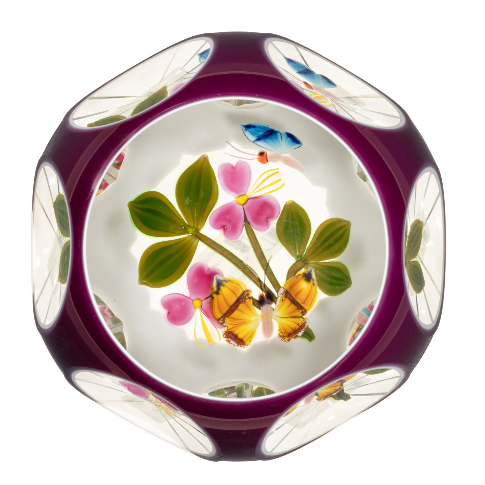 VINTAGE PERTHSHIRE CUT DOUBLE-OVERLAY FLOWERS AND BUTTERFLIES LAMPWORK ART GLASS PAPERWEIGHT (1 of 2)