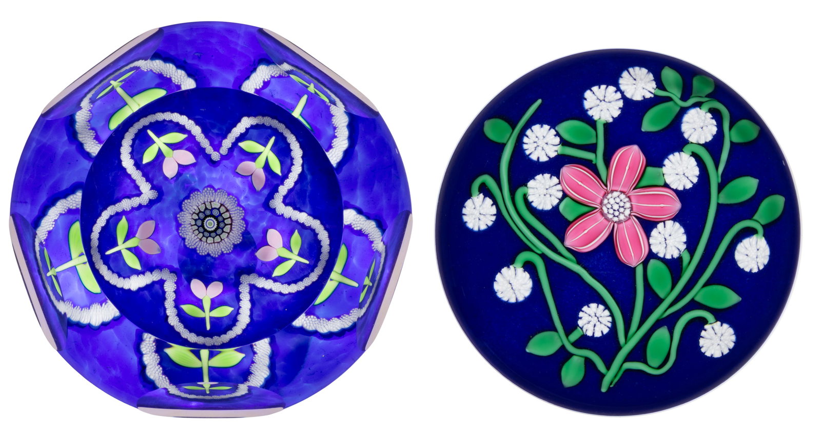 VINTAGE PERTHSHIRE FLORAL LAMPWORK AND MILLEFIORI ART GLASS PAPERWEIGHTS, LOT OF TWO (1 of 3)