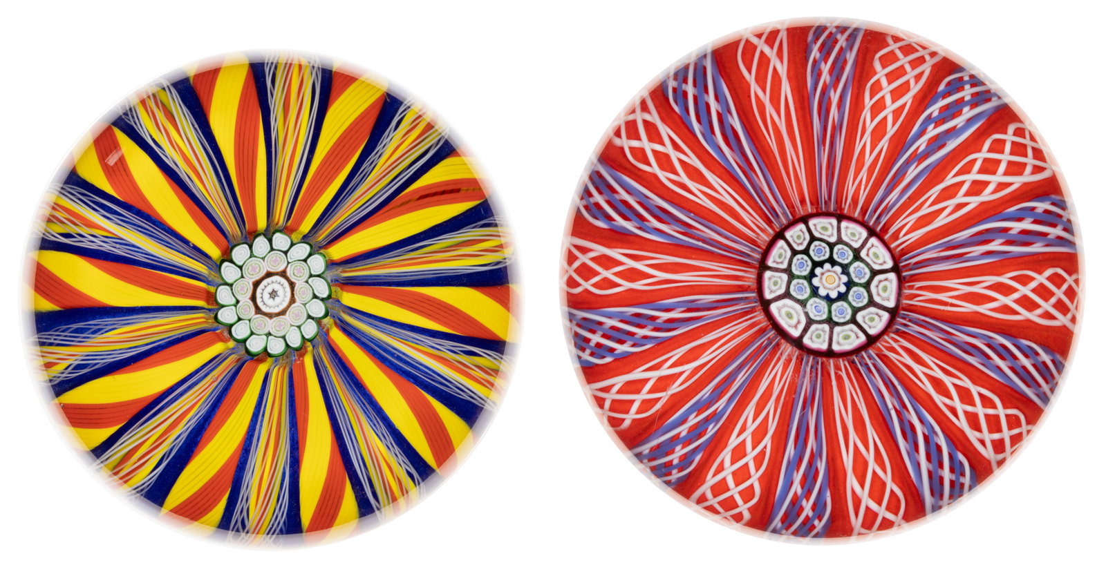 VINTAGE PERTHSHIRE CROWN ART GLASS PAPERWEIGHTS, LOT OF TWO: VINTAGE PERTHSHIRE CROWN ART GLASS PAPERWEIGHTS, LOT OF TWO, each having a large central complex millefiori cane, one comprised of alternating opal twists and blue and white twists, above an opaque re