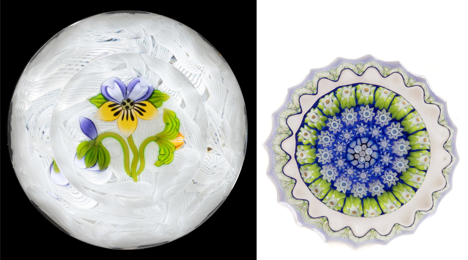 VINTAGE PERTHSHIRE LAMPWORK AND MILLEFIORI MINIATURE PAPERWEIGHTS, LOT OF TWO: VINTAGE PERTHSHIRE LAMPWORK AND MILLEFIORI MINIATURE PAPERWEIGHTS, LOT OF TWO, comprising a "PCA" concentric millefiori example with three exterior garlands, signature cane to the underside,