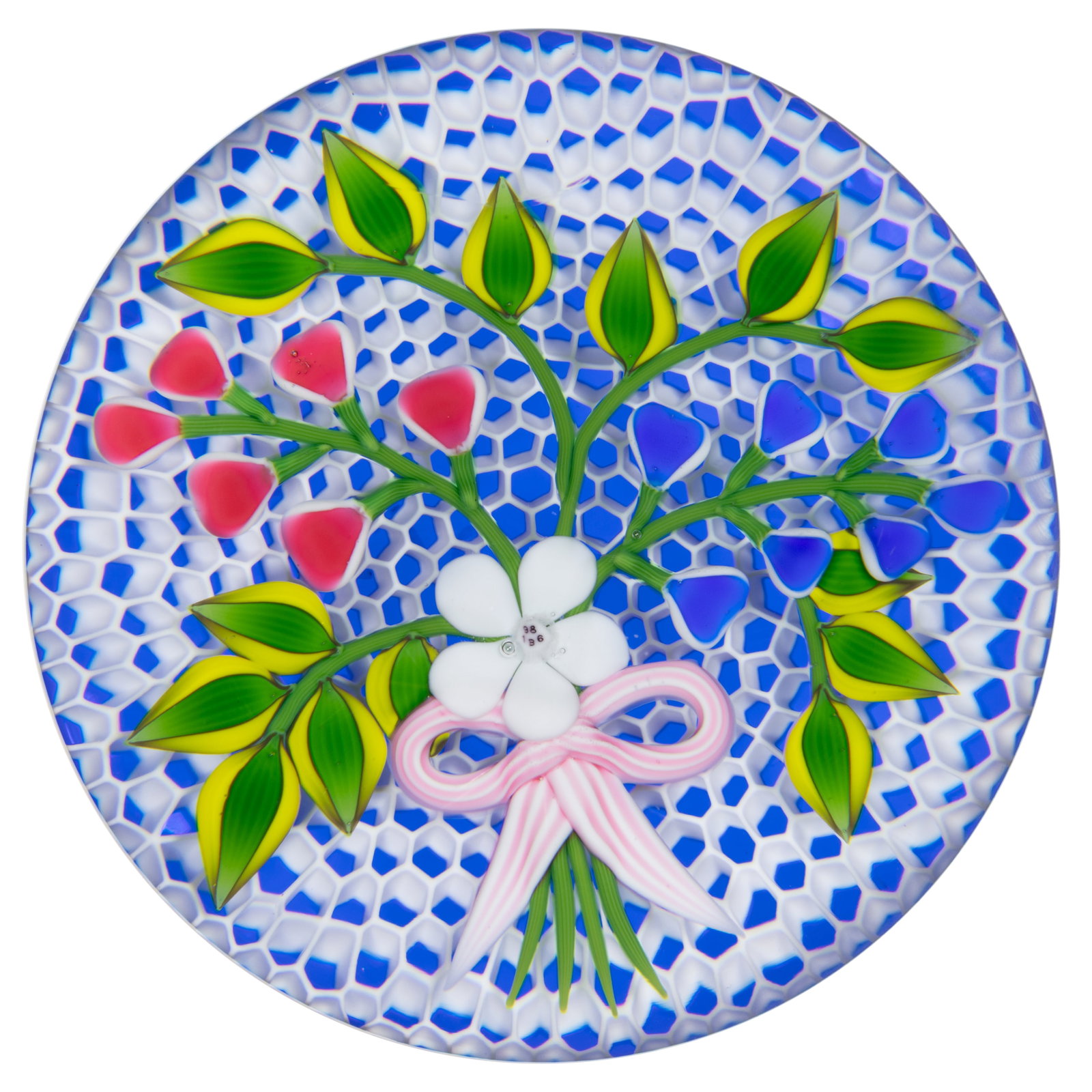 VINTAGE BACCARAT LUPINS OVER HONEYCOMB LAMPWORK ART GLASS PAPERWEIGHT: VINTAGE BACCARAT LUPINS OVER HONEYCOMB LAMPWORK ART GLASS PAPERWEIGHT, central white flower with arching limbs of red and white and blue and white blossoms leaning to the left and right, two upper ban