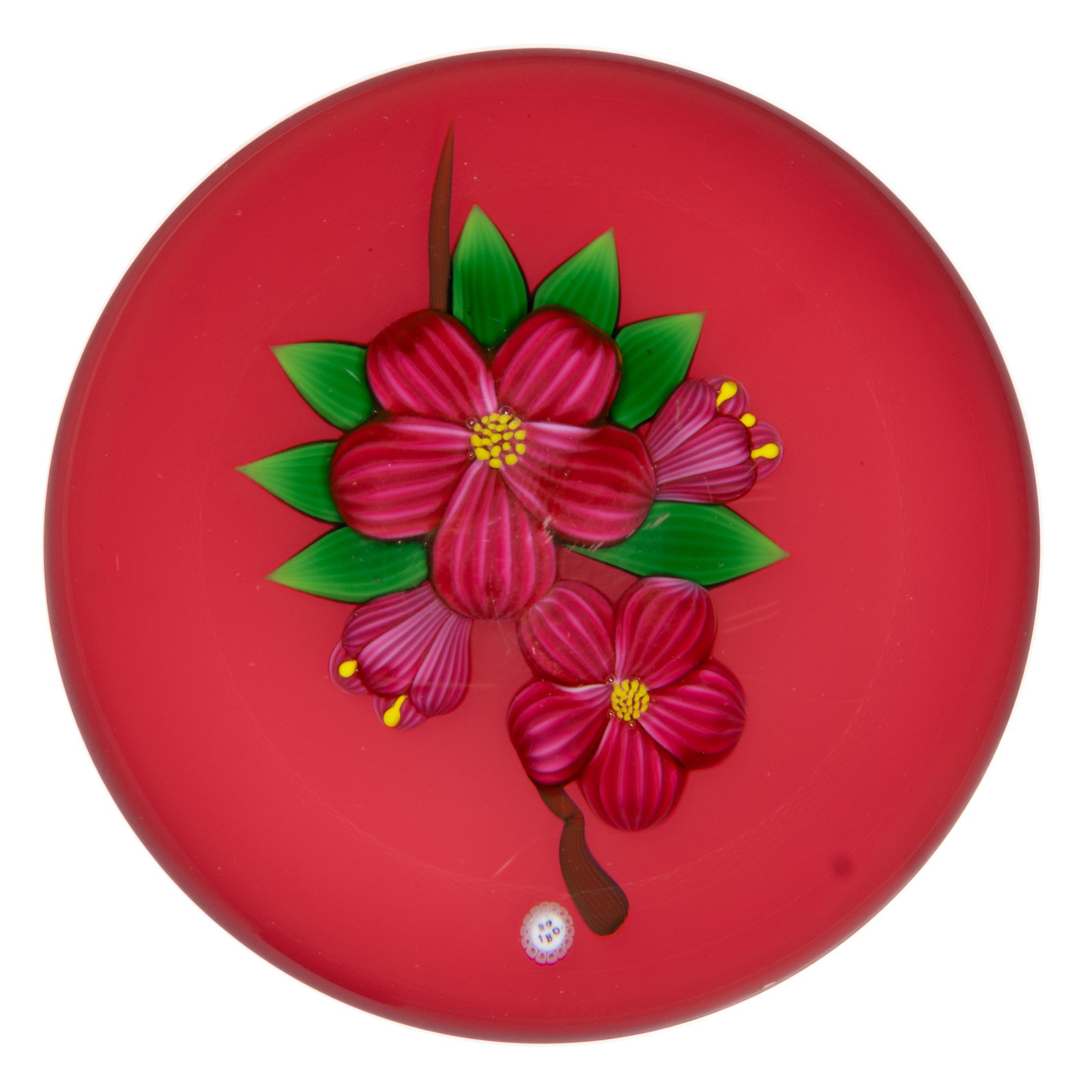 VINTAGE BACCARAT CYDONIA LAMPWORK ART GLASS PAPERWEIGHT: VINTAGE BACCARAT CYDONIA LAMPWORK ART GLASS PAPERWEIGHT, ruby and fuchsia bouquet of four Cydonia flowers connected by a short brown stem, having seven green leaves protruding from the underside,