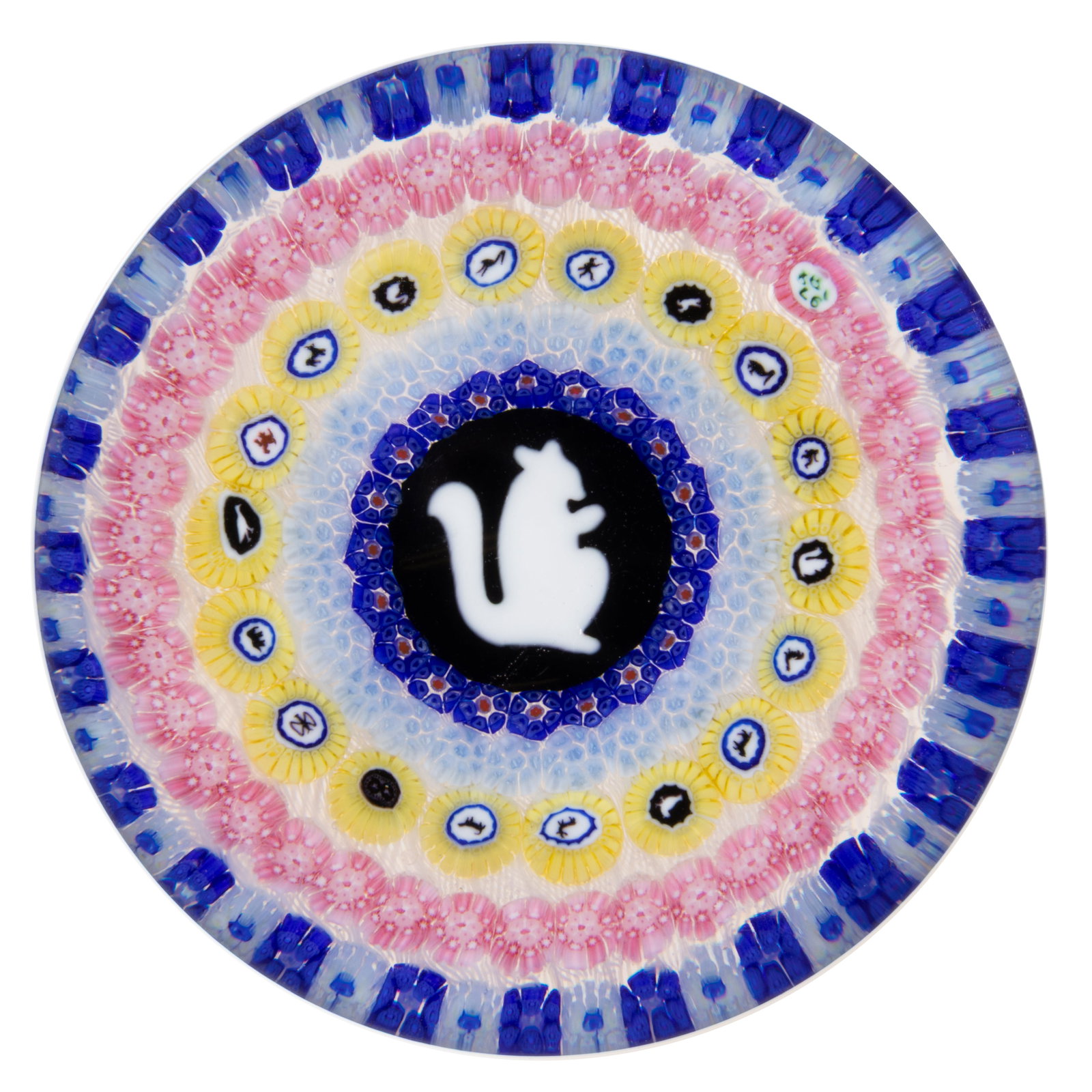 VINTAGE BACCARAT SQUIRREL GRIDEL CONCENTRIC MILLEFIORI ART GLASS PAPERWEIGHT: VINTAGE BACCARAT SQUIRREL GRIDEL CONCENTRIC MILLEFIORI ART GLASS PAPERWEIGHT, with central large black and white squirrel silhouette cane facing right, encircled by five exterior garlands with th