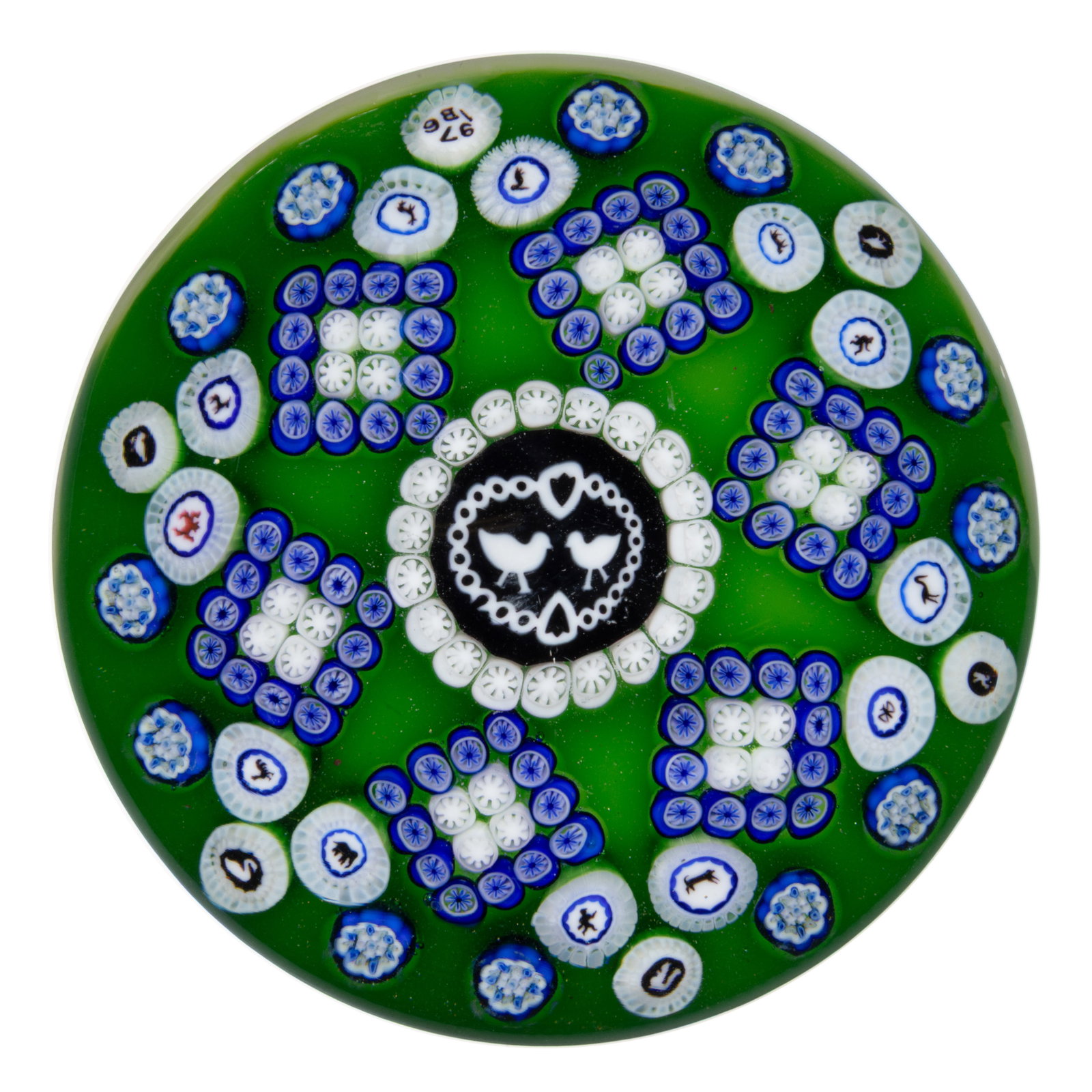 VINTAGE BACCARAT LOVE BIRDS GRIDEL SILHOUETTE AND MILLEFIORI ART GLASS PAPERWEIGHT: VINTAGE BACCARAT LOVE BIRDS GRIDEL SILHOUETTE AND MILLEFIORI ART GLASS PAPERWEIGHT, with central large black and white love birds silhouette cane, surrounded by a single ring of white spoke canes