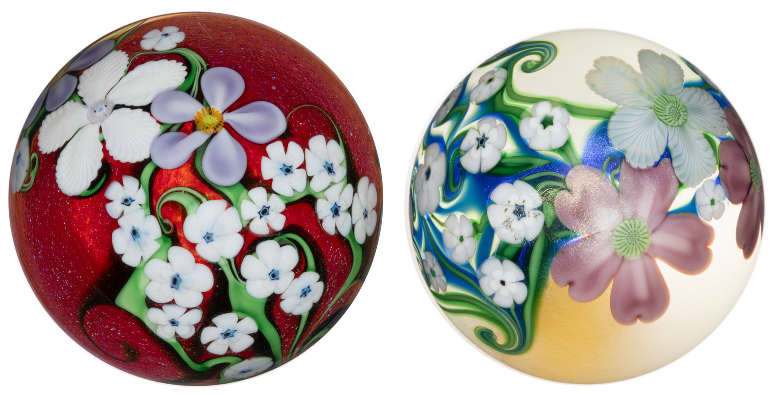 ORIENT AND FLUME FLOWER AND VINE LAMPWORK STUDIO ART GLASS PAPERWEIGHTS, LOT OF TWO (1 of 3)