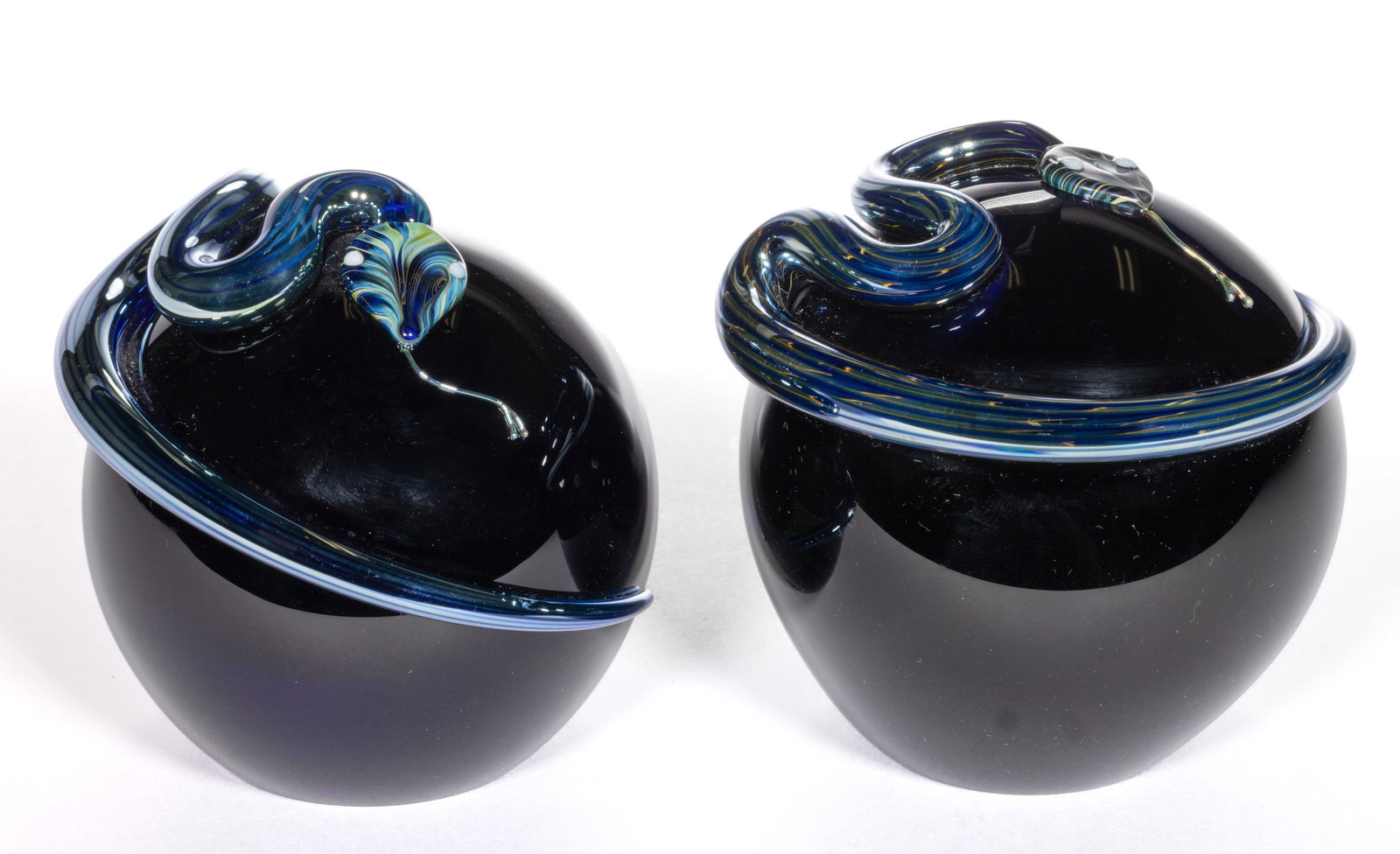 CORREIA IRIDESCENT SNAKE ART GLASS PAIR OF PAPERWEIGHTS, LOT OF TWO (1 of 1)