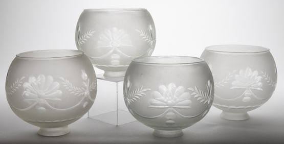 MODERN BLOWN CUT AND ENGRAVED GAS LAMP SHADES, SET OF FOUR