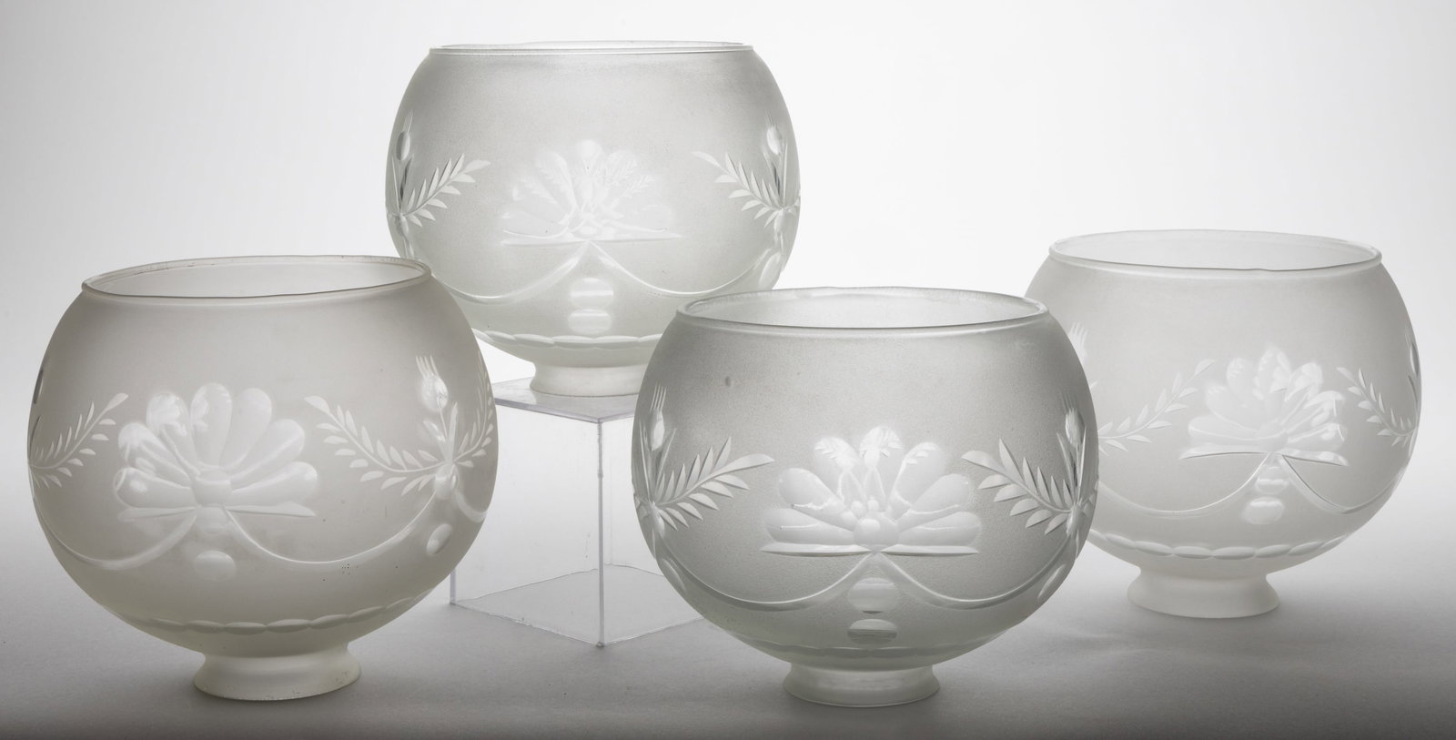 MODERN BLOWN CUT AND ENGRAVED GAS LAMP SHADES, SET OF FOUR (1 of 2)