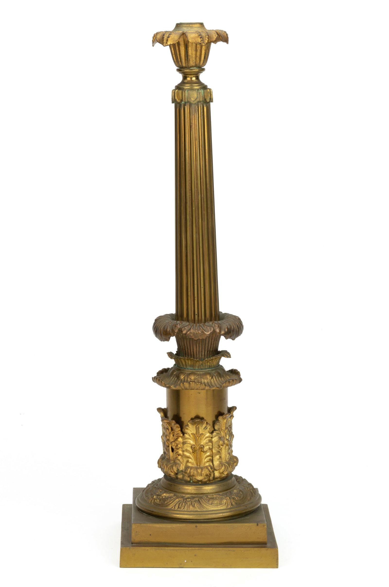 GILTED BRONZE / BRASS SOLAR / ASTRAL LAMP BASE: GILTED BRONZE / BRASS SOLAR / ASTRAL LAMP BASE, retains original patina, tapered Corinthian-style stem with top having beaded folded-out leaves, lower stem with multi-layers of foliage ornamentation&n