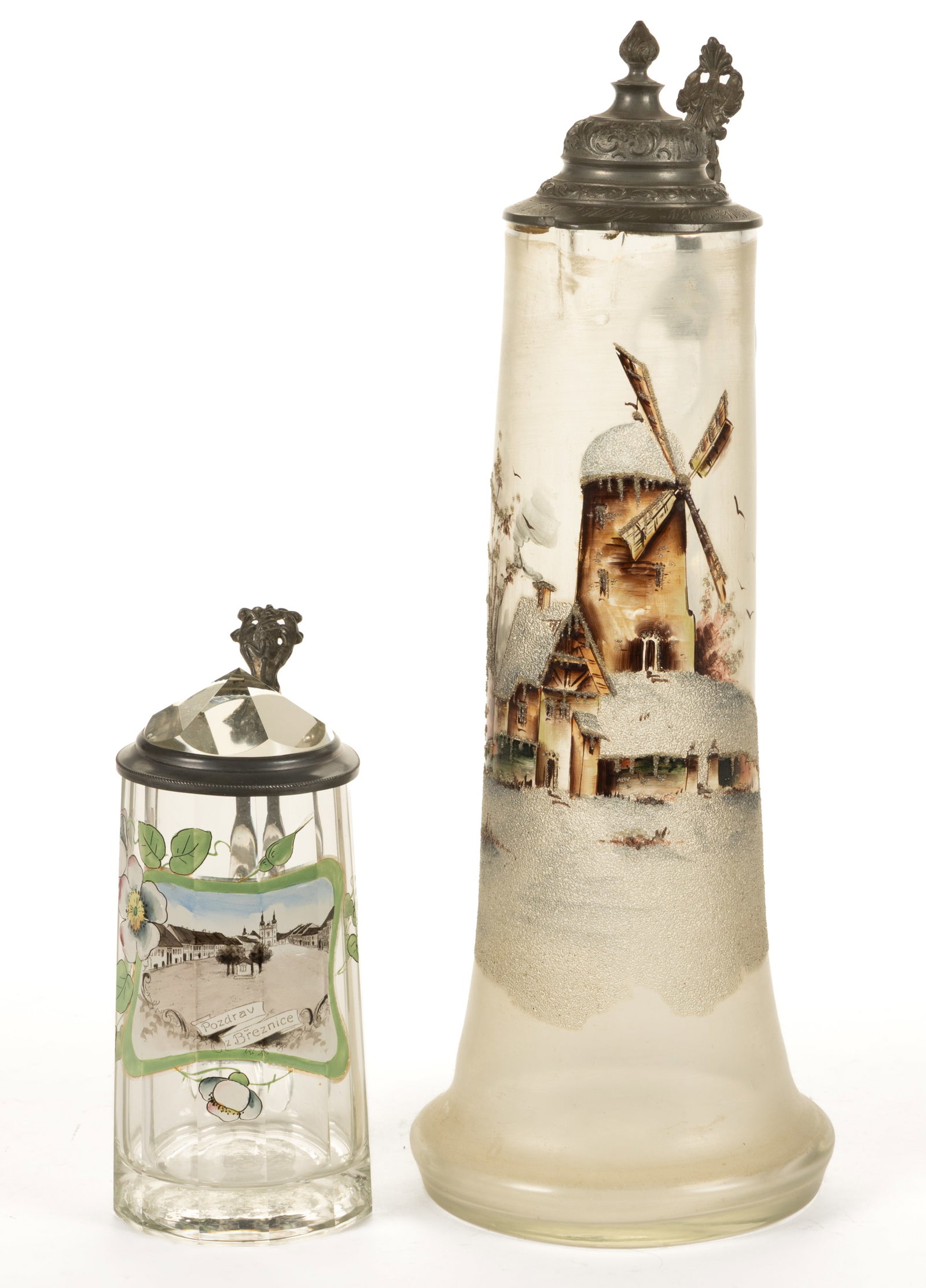 BOHEMIAN ENAMEL-DECORATED GLASS STEINS, LOT OF TWO (1 of 3)