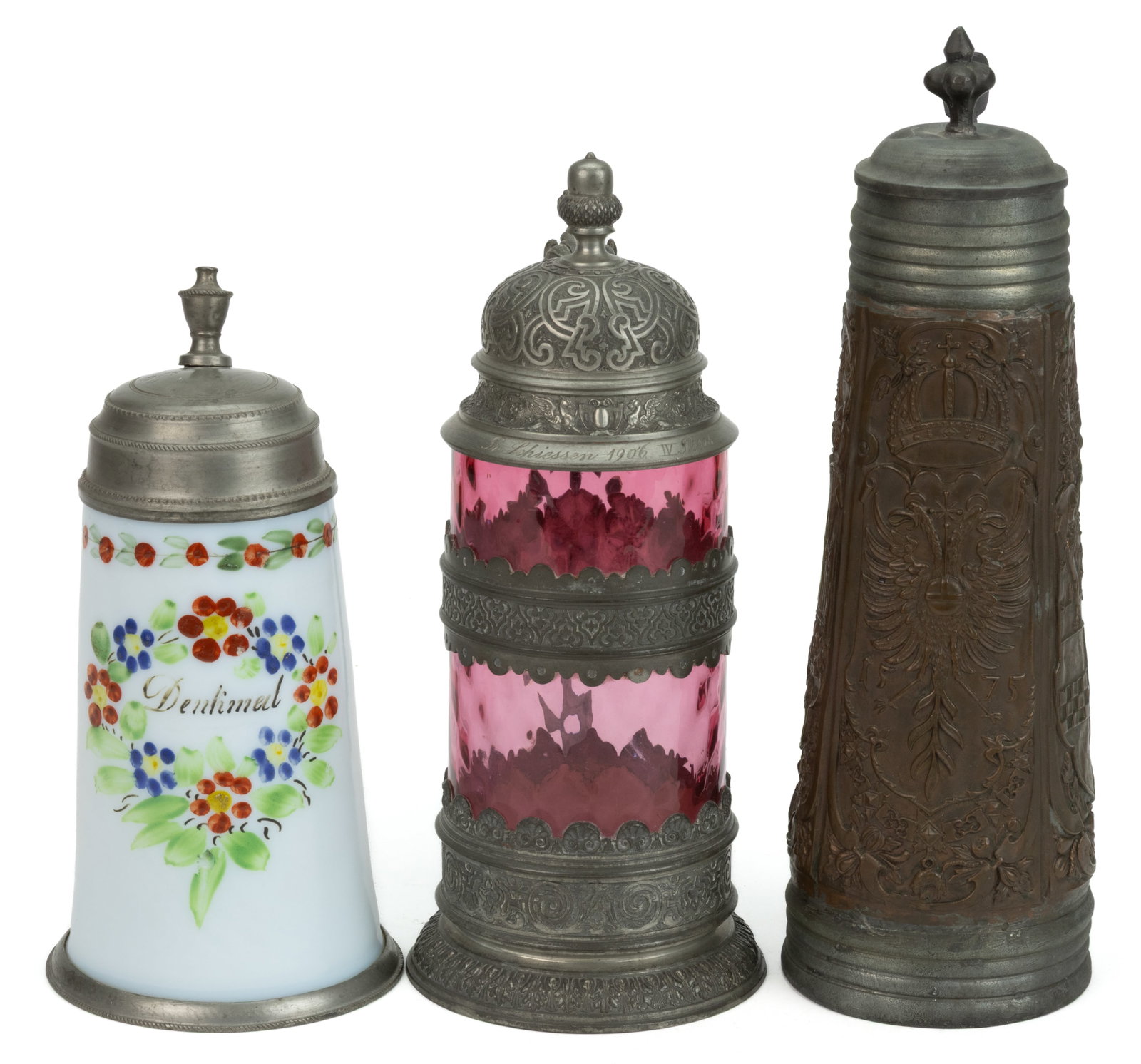ASSORTED GLASS AND METAL STEINS, LOT OF THREE (1 of 3)