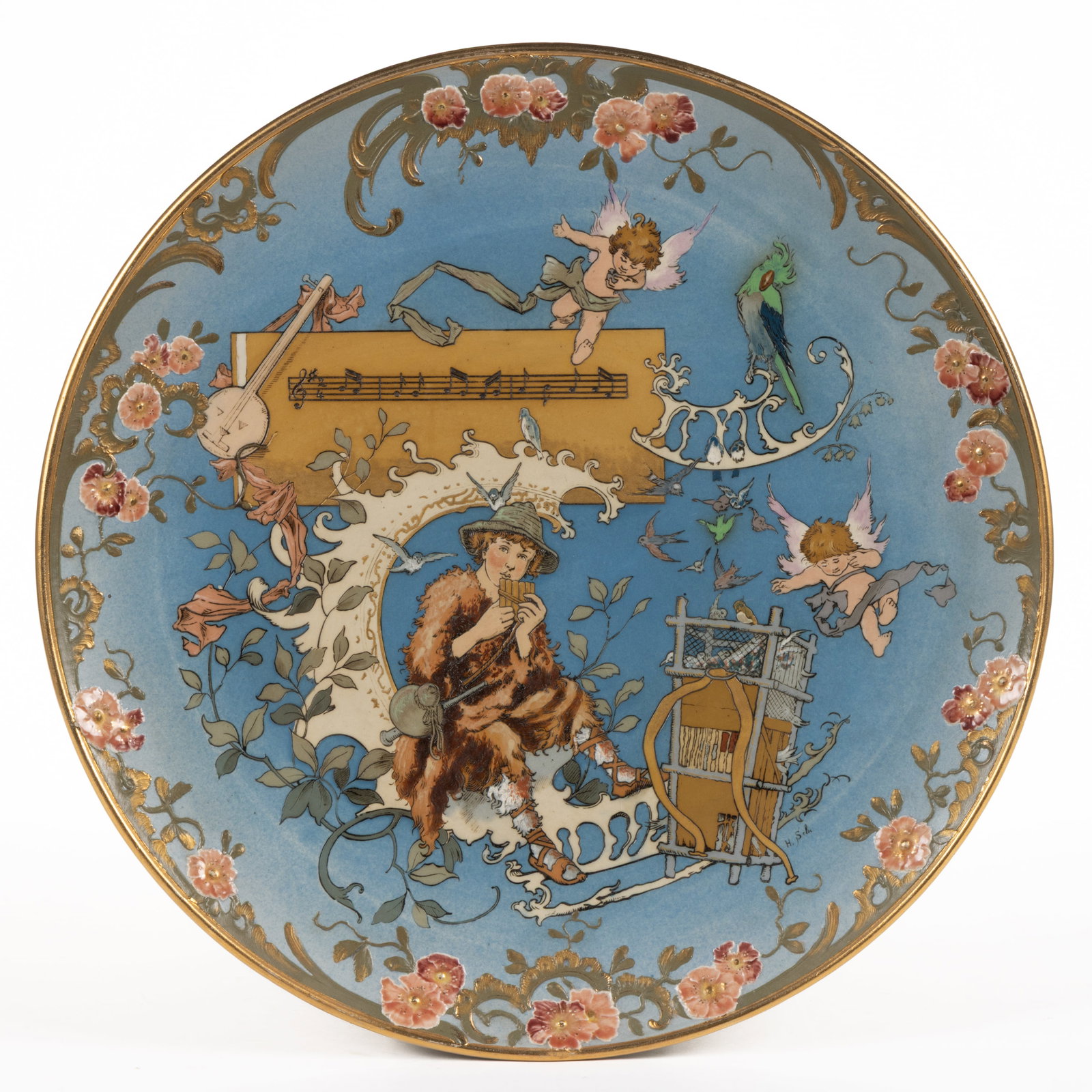GERMAN METTLACH STONEWARE "PAPAGENO." PLAQUE: GERMAN METTLACH STONEWARE "PAPAGENO." PLAQUE, mold 2149, depicting the character from Mozart's opera The Magic Flute playing the panpipes, a birdcage to his left, and two winge