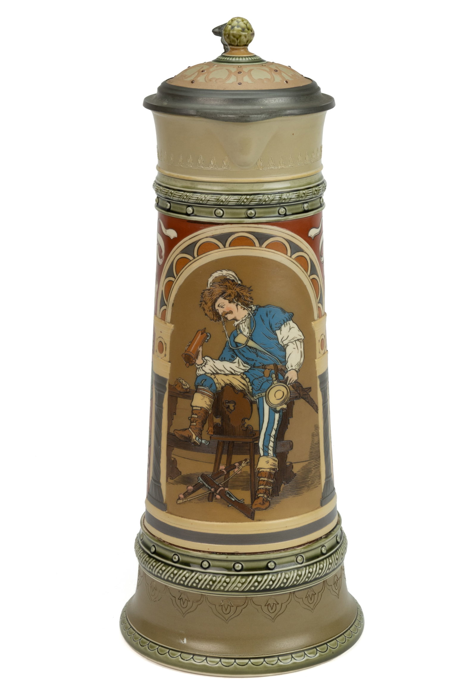 GERMAN METTLACH CAVALIER MOTIF LARGE CERAMIC STEIN (1 of 4)
