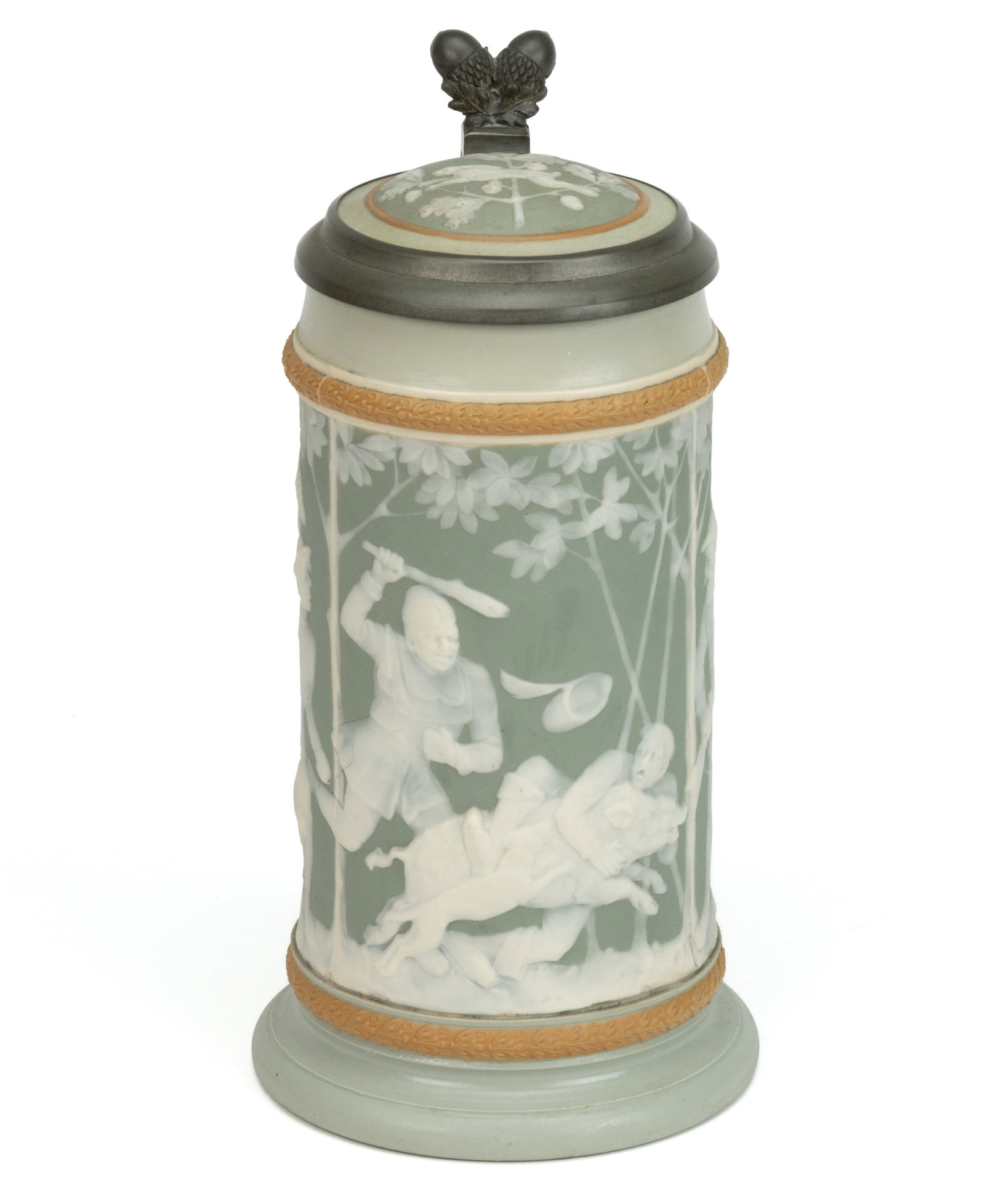 GERMAN METTLACH HUNT MOTIF CAMEO CERAMIC STEIN (1 of 4)