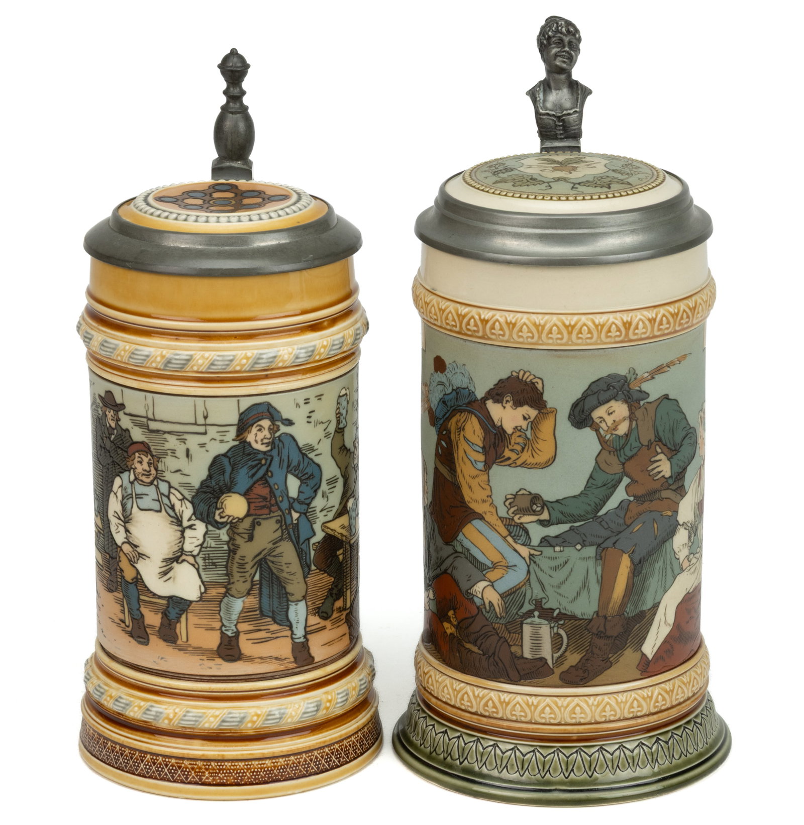 GERMAN METTLACH GAMES MOTIF CERAMIC STEINS, LOT OF TWO: GERMAN METTLACH GAMES MOTIF CERAMIC STEINS, LOT OF TWO, each 1/2L, having etched designs, inlaid ceramic lids, and pewter thumbrests, comprising a mold number 1403 featuring a man bowli