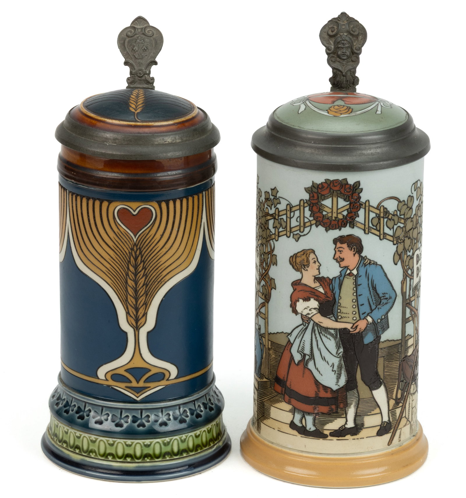 GERMAN METTLACH HEART MOTIF CERAMIC STEINS, LOT OF TWO (1 of 4)